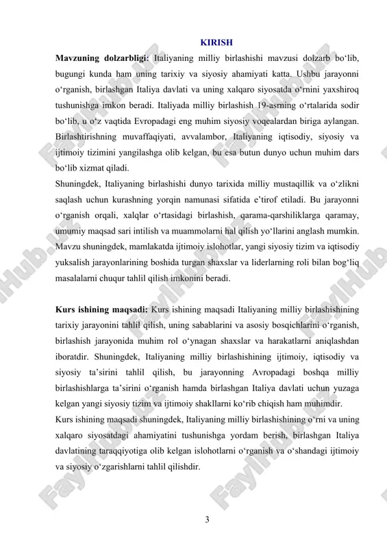 siyosiy va ijtimoiy voqealar, ichki va tashqi omillar o‘rtasidagi o‘zaro bog‘liqlik, milliy birlashuvni amalga oshirishda asosiy rol o‘ynagan shaxslar (mazzini, garibaldi, kavur va boshqalar) faoliyati, ularning strategik va g‘oyaviy yo‘nalishlari, shuningdek, diplomatik aloqalar, harbiy harakatlar va xalqning rolini o‘rganish. ushbu jarayonning yevropaning boshqa davlatlariga bo‘lgan ta’siri, xalqaro miqyosdagi o‘zgarishlar va italiyaning zamonaviy davlat sifatida shakllanishiga olib kelgan omillar ham predmetning muhim tarkibiy qismlaridir. shu bilan birga, milliy birlashuvning iqtisodiy va madaniy rivojlanishga qo‘shgan hissasi ham tahlil qilinadi. kurs ishining metadologik asosi: italiyaning milliy birlashish jarayonini o‘rganishda tarixiylik va tizimlilik tamoyillariga asoslangan holda ilmiy tahlil yondashuvlari qo‘llanilgan. tadqiqot davomida quyidagi metodlardan foydalanilgan: · tarixiy metod: italiyaning milliy birlashish jarayonidagi tarixiy voqealar, shaxslar va harakatlarning ketma-ketligi, ularning sabab va oqibatlari tahlil qilindi. · tahlil va sintez: milliy birlashuvga ta’sir qilgan omillar alohida o‘rganilib, ularning umumiy mazmuni va o‘zaro bog‘liqligi aniqlandi. · taqqoslash metodi: italiyaning milliy birlashuv jarayoni boshqa yevropa davlatlarining milliy harakatlari …