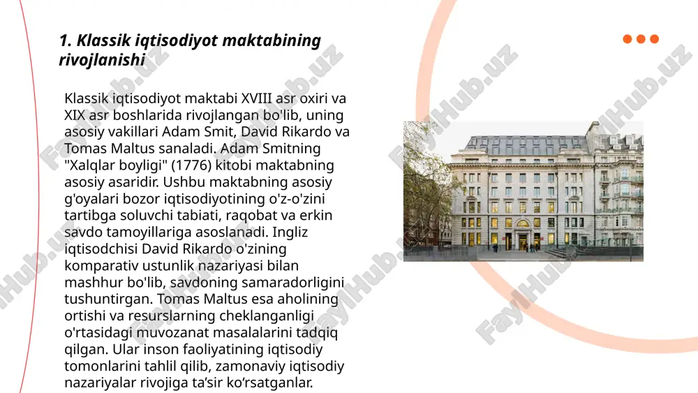 a ortishidan kelib chiqadi. ... t.me/slaydai_bot bozor mexanizmining roli klassik iqtisodiyot nazariyasida muhim ahamiyat kasb etadi. klassik iqtisodchilar, jumladan adam smit, bozorni "ko'rinmas qo'l" tamoyili asosida tavsiflaydi. bu nazariyaga ko'ra, erkin bozor tizimida tovar va xizmatlar narxi taklif va talab orqali belgilanadi. bozor mexanizmi resurslarni yanada samarali taqsimlashga yordam beradi, chunki raqobat ishlab chiqaruvchilarni xarajatlarni kamaytirishga va sifatni oshirishga undaydi. natijada, iqtisodiyot yanada samaraliroq bo‘ladi. bozor mexanizmi, shuningdek, tadbirkorlik faolligini rivojlantiradi va iqtisodiy o'sish uchun muhim impuls beradi. ... t.me/slaydai_bot 7. erkin raqobat va klassik iqtisodiyotga ta'siri erkin raqobat klassik iqtisodiyot nazariyasi asoslariga muhim ta'sir ko'rsatdi. angliyalik iqtisodchi adam smit tomonidan 1776-yilda yozilgan "xalqlar boyligi" asari erkin raqobatni iqtisodiy o'sishning asosiy omili sifatida ko'rib chiqdi. klassik iqtisodchilarga ko'ra, erkin raqobat bozorni samarali boshqarar, resurslarni optimal taqsimlashga olib kelar edi. keynesdan oldingi davrda, bu nazariya davlat aralashuvi minimal darajada bo'lgan iqtisodiyotni qo'llab-quvvatlardi. erkin raqobat sharoitida ko'plab sotuvchi va xaridorlar bozorga kiradi. …