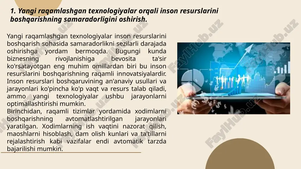 bilan bog'liq ma'lumotlarning yagona platformada saqlanishiga yordam beradi va boshqaruvni sezilarli darajada yengillashtiradi. shuningdek, raqamli platformalar orqali ish jarayonlarini tahlil qilish va monitoring qilish ham ancha osonlashadi. tashkilotlar o'z xodimlarining ish faoliyatini kuzatish, ularning samaradorligini baholash va kerakli o'zgarishlarni amalga oshirish imkoniyatiga ega bo'lishadi. raqamli tizimlar yordamida xodimlar haqida ma'lumotlarni tahlil qilishda sun'iy intellekt (ai) va mashina o'rganish texnologiyalaridan foydalanish mumkin. bu tizimlar xodimlarning ishlash samaradorligini prognoz qilish va ularga mos rivojlanish imkoniyatlarini taklif qilishda yordam beradi. ... t.me/slaydai_bot raqamli platformalar rekruting jarayonlarini ham samarali qiladi. onlayn ariza topshirish va avtomatik tanlov tizimlari yordamida eng yaxshi nomzodlar aniqlanadi. ushbu platformalar ko'plab nomzodlarni avtomatik tarzda baholaydi, natijada vaqt va mehnat sarfini kamaytiradi. masalan, sun'iy intellekt yordamida yirik ma'lumotlar tahlil qilinib, eng mos nomzodlar tanlanadi, bu esa rekruting jarayonini sezilarli darajada tezlashtiradi. shuningdek, raqamli platformalar xodimlar bilan aloqa o'rnatish va ularni rivojlantirishda ham samarali bo'ladi. xodimlar uchun ta'lim va o'quv materiallari taqdim …