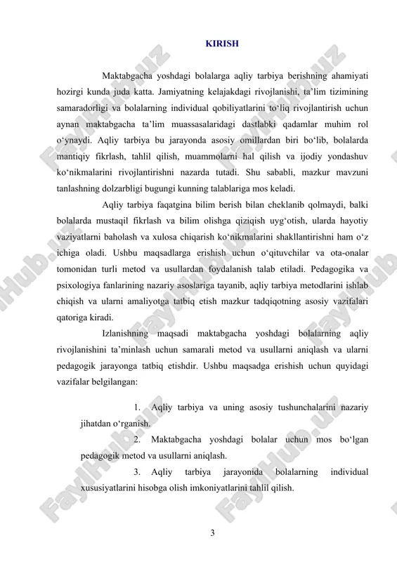 i bo‘lib qolmoqda. mazkur tadqiqotning natijalari pedagogik amaliyotda keng qo‘llanilishi, bolalarning aqliy rivojlanishini yangi bosqichga olib chiqishi va ta’lim sifati yaxshilanishiga xizmat qilishi kutiladi. bugungi globallashuv sharoitida bolalarning mantiqiy va ijodiy fikrlash qobiliyatlarini rivojlantirish milliy ta’lim tizimining ustuvor yo‘nalishlaridan biriga aylangan. ta’lim jarayonida interaktiv metodlar, multimedia texnologiyalari va individual yondashuvlarning ahamiyati ortib bormoqda. shuning uchun, maktabgacha yoshdagi bolalarga aqliy tarbiya berishning innovatsion yondashuvlarini ishlab chiqish va ularni amaliyotda sinab ko‘rish bugungi kun uchun nihoyatda dolzarbdir. mazkur tadqiqotning asosiy maqsadi maktabgacha yoshdagi bolalarning aqliy rivojlanishini ta’minlash uchun samarali metod va usullarni aniqlash va ularni amaliyotga joriy qilishdan iborat. bunda quyidagi vazifalar belgilangan: 1. aqliy tarbiyaning nazariy va metodologik asoslarini o‘rganish. 2. bolalarning yoshiga mos pedagogik metodlarni ishlab chiqish va tahlil qilish. 3. interaktiv va ijodiy faoliyat orqali bolalarning mantiqiy fikrlash qobiliyatlarini rivojlantirish. 4. aqliy tarbiya jarayonida milliy va xalqaro tajribalardan foydalanish imkoniyatlarini o‘rganish. ushbu tadqiqot nazariy asos sifatida pedagogika va psixologiyaning …