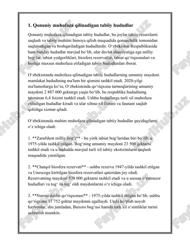 ida dunyodagi ba'zi milliy bog'lar to'g'risida statistik ma'lumotlar va faktlar keltirilgan: 1. **yellowstone milliy bog'i (aqsh)**: - tashkil etilgan yili: 1872 - maydoni: 8,983 km² - yiliga tashrif buyuruvchilar soni: taxminan 4 milliondan ortiq - uning hududida joylashgan manbalar: 10,000 dan ortiq geotermik manba, 290 vodopad - fauna va flora turi: 67 turdagi sutemizuvchilar, 285 turdagi qushlar 2. **serengeti milliy bog'i (tanzaniya)**: - tashkil etilgan yili: 1951 - maydoni: 14,763 km² - yevropaliklar tomonidan ilk bor o'rganilishi: 20-asr boshlarida - mashhur bo'lgan hodisa: katta savanna migratsiyasi, 1.5 million gnu bo'rilari va 250,000 zebra ishtirok etadi - boshqa mas'ul tashkilot: unesconing jahon merosi ro'yxatiga kiritilgan 3. **kruger milliy bog'i (janubiy afrika)**: - tashkil etilgan yili: 1926 - maydoni: 19,485 km² - har yili tashrif buyuruvchilar soni: 1.5 milliondan ortiq - ichida joylashgan hayvonlar: "katta beshinchi" (fil, karkidon, sher, bufalo, leopard) uchraydi - o'rmon va o'simlik turi: 517 murakkab o'simliklar, 300 ta …