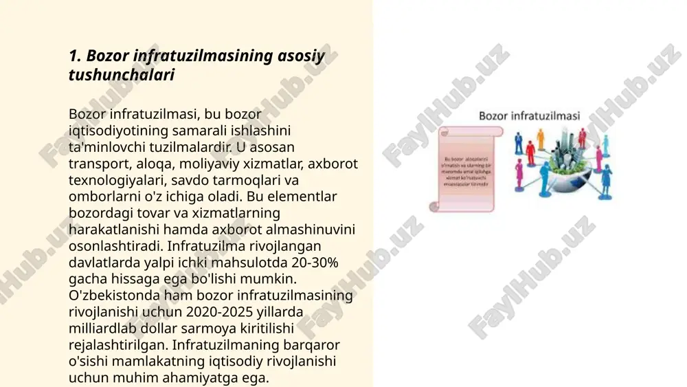ilotlarga bozordagi ma'lumotlarni yig'ish, tahlil qilish va boshqarishda yordam beruvchi tizimlardir. ular bozor tendensiyalari, raqobatchilar faoliyati va mijozlar xatti-harakatlari haqida ma'lumot beradi. ma'lum bo'lishicha, 2022-yilda dunyo bo'ylab bozor axborot tizimlari bozori 40 milliard dollarga baholangan, va bu ko'rsatkich 2028-yilga kelib 65 milliard dollarga yetishi kutilmoqda. tizimlar korxonalarga samaradorlikni oshirish, xarajatlarni kamaytirish va raqobatda ustunlik olish imkonini beradi. bat orqali korxonalar real vaqt rejimida o'zgarishlarni kuzatish va strategik qarorlar qabul qilishadi. ... t.me/slaydai_bot 7. moliyaviy xizmatlar va ularning roli moliyaviy xizmatlar iqtisodiyotning asosiy tarkibiy qismi bo‘lib, ular moliyaviy vositachilik, saqlash, investitsiya va sug‘urta xizmatlarini o‘z ichiga oladi. jahon banki ma’lumotlariga ko‘ra, rivojlanayotgan mamlakatlarda moliyaviy xizmatlardan foydalanish aholining 30-40 foizini tashkil etadi. o‘zbekiston markaziy bankining 2021 yildagi hisobotiga ko‘ra, mamlakatda 31 ta tijorat banki faoliyat yuritadi. moliyaviy xizmatlar jamg‘arma va investitsiyalarni samarali boshqarish orqali iqtisodiy o‘sishni qo‘llab-quvvatlaydi. mckinsey global institute tadqiqotiga ko‘ra, raqamli moliyaviy xizmatlardan foydalanish 2025 yilga kelib global yalpi ichki …