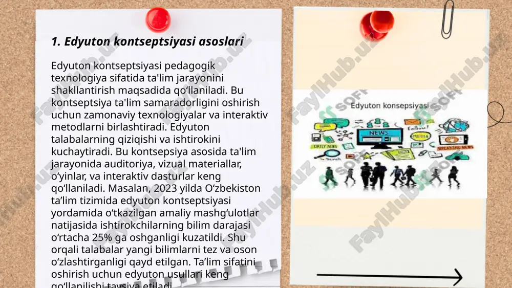 llar elektron shaklga o‘tkazilib, 1,5 milliondan ortiq o‘quvchi onlayn platformalardan foydalana boshladi. 2021-yilda ziyonet platformasida 200 000 dan ziyod raqamli resurslar mavjud bo‘lib, o‘qituvchilarning 75% ulardan foydalanishni boshladi. raqamli ta'lim texnologiyalari dars jarayonini interaktiv holga keltirib, o‘quvchilarning bilim olish samaradorligini 30% ga oshiradi. ushbu vositalar orqali o‘quvchilar individual va guruh bo‘lib o‘rganish imkoniyatlariga ega bo‘lib, vaqtni samarali boshqarishlari osonlashdi. ... t.me/slaydai_bot 7. edyutonning kelajagi edyutonning kelajagi uzbek tilli ta'limda raqamli texnologiyalarni keng joriy etish bilan bog‘liq. 2021 yilgi ma'lumotlarga ko'ra, o‘zbekiston ta'lim tizimi raqamli transformatsiyani boshlagan, 80% maktablarda internetga kirish imkoniyati ta'minlangan. elektron dasturlar orqali o‘qituvchilarning malaka oshirish kurslari 30%ga oshgan. 2023 yilgacha barcha ta'lim muassasalarida elektron jurnal va kundaliklar to‘liq joriy etilishi rejalashtirilgan. elektron xizmatlar orqali o‘qitish qulayligi hamda samaradorligi 45%gacha oshishi kutilmoqda. 2025 yilga qadar edtech loyihalari o‘zbekistonda umumiy ta'lim byudjetining 10% ini tashkil etishi reja qilingan. ... t.me/slaydai_bot 8. eduyuton va audiovizual kontent: eduyuton o'quvchi va talabalar …