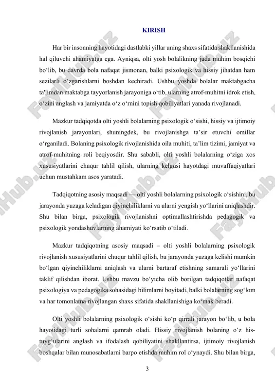 ng samarali usullari ko‘rib chiqiladi. ushbu mavzu dolzarbligi bolalarning kelajakdagi muvaffaqiyatli shaxs sifatida shakllanishida psixologik o‘sishning ahamiyati bilan belgilanadi. tadqiqot natijalari oila a’zolari, pedagoglar va psixologlar uchun muhim nazariy va amaliy yo‘riqnoma bo‘lib xizmat qiladi. bu orqali bolalar sog‘lom psixologik muhitda rivojlanishlari va o‘z salohiyatlarini to‘liq ro‘yobga chiqarishlari mumkin bo‘ladi. ushbu yoshda bolalar uchun oila muhiti va ta’lim tizimining roli nihoyatda muhimdir. oiladagi mehr-muhabbat va qo‘llab-quvvatlash bolaning hissiy barqarorligini ta’minlaydi, maktabgacha ta’lim esa intellektual va ijtimoiy rivojlanish uchun zarur shart-sharoitlarni yaratadi. shuningdek, bu davrda bolaning nutq rivojlanishi, mantiqiy fikrlash, ijodiy salohiyatni rivojlantirish kabi jarayonlar jadal kechadi. mazkur tadqiqot olti yoshli bolalarning psixologik o‘sish jarayonlarini tahlil qilish, bu rivojlanishga ta’sir etuvchi omillarni aniqlash va bolaning salohiyatini to‘liq ro‘yobga chiqarishga ko‘maklashuvchi yondashuvlarni o‘rganishga bag‘ishlangan. i bob. oltin yoshlilarning psixologik o'shishini tahlil qilish 1.1. psixologik o'shishning ta’rifi psixologik o‘sish – bu insonning ruhiy rivojlanish jarayoni bo‘lib, u shaxsning bilish, hissiy va ijtimoiy jihatlarini …