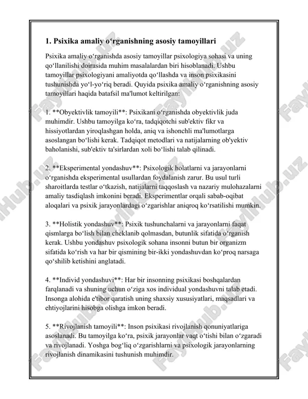 ilan bog'liq ma'lumotlar taqdim etiladi. 1. **psixik rivojlanish**: bu insonning tug'ilishidan boshlab umr bo'yi davom etadigan jarayondir. bu jarayon intellektual, emosional va ijtimoiy jihatlarni o'z ichiga oladi. tadqiqotlar ko'rsatadiki, bolalarning 70% ijtimoiy va emosional rivojlanishlari dastlabki olti yil ichida sodir bo'ladi. 2. **erta ta'lim va parvarish**: aqshning patransya markazi ma'lumotlariga ko'ra, ilg'or ta'lim dasturlari bolalarning kognitiv salohiyatini 40% ga oshirishi mumkin. shular qatorida, montessori metodikasi va reggio emilia yondashuvi resurslardan biri sanaladi. ushbu metodlar bolalarda mustaqillik va ijodiy fikrlashni rivojlantirishga qaratilgan. 3. **o'yin terapiyasi**: inson ruhiyatining rivojlanishida o'yinning roli katta. dunyo sog'liqni saqlash tashkiloti hisob-kitoblariga ko'ra, o'yin terapiyasi bolalar orasida stress darajasini 30% ga kamaytirishi mumkin. 4. **kognitiv xulq-atvor terapiyasi (kxt)**: bu terapiya usuli travmatik voqealar va xavotirli holatlar bilan kurashishda qo'llaniladi. psixologiya ilmiy jurnali bo'yicha, kxt yordamida depressiyaga chalingan bemorlarning 60% to'liq tuzalish mumkin. 5. **muzika terapiyasi**: universitet tadqiqotlari natijalariga ko'ra, ritmik musiqa seanslari bolalarda matematik qobiliyatni 20% ga …