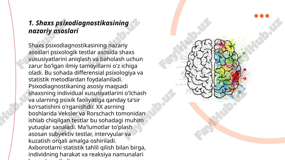 aydi va ular miyadagi faoliyatni o'rganishga yordam beradi. bu texnikalar psixologik tadqiqotlarda aniq va ishonchli natijalar olishda muhim rol o'ynaydi. ... t.me/slaydai_bot "bolalar va o'smirlar psixodiagnostikasi bolalar va o'smirlarning psixologik holatini baholash uchun qo'llaniladi. bu jarayon orqali bolalarning intellektual qobiliyatlari, emotsional holati va ijtimoiy moslashuvi tadqiq etiladi. psixodiagnostik metodikalar turli yo'nalishlarni qamrab oladi va o'lchash vositalari, masalan, testlar, anketalar va so'rovnomalar qo'llaniladi. bolalar psixodiagnostikasida 0-18 yosh oralig'idagi shaxslarni baholash muhimdir. tadqiqotlar ko'rsatadigan asosiy natijalarni o'z ichiga oladi: iq testi natijalari, emotsional holat skalalari va ijtimoiy qobiliyatlar bahosi. psixodiagnostik ma'lumotlar bolalarning rivojlanish darajasini aniqlashda muhim rol o'ynaydi." ... t.me/slaydai_bot 7. shaxs tipologiyasini aniqlash metodlari shaxs tipologiyasini aniqlash metodlari shaxsning psixologik va ijtimoiy xususiyatlarini aniqlashga yo‘naltirilgan tadqiqot va texnikalardir. ushbu metodlar orasida mbti (myers-briggs type indicator) keng qo'llaniladi, bu 16 turdagi shaxs tipini aniqlashga yordam beradi. yana bir mashhur metod - eysenck shaxs tipologiyasi, u ekstraversiya, introversiya va neytrotizmlikni o'lchaydi. tibbiy psixologiyada …