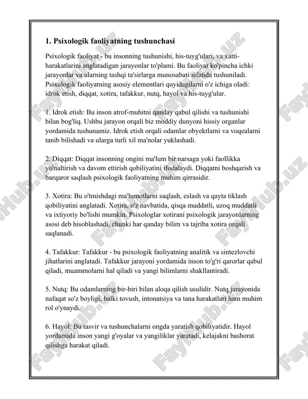 zgi va idrok jarayonlari orqali biz dunyo haqida dastlabki ma'lumotni qabul qilamiz, keyin esa bu ma'lumot xotirada saqlanadi va tafakkur orqali qayta ishlanadi. bu jarayonlarda odamlarning aqliy qobiliyatlari va intellekti katta rol oynaydi. ikkinchi shakl bu amaliy faoliyat bolib, u odamlarning oz maqsadlariga erishish uchun amalga oshiriladi. amaliy faoliyatning asosiy turlari mehnat va oyin faoliyatidir. mehnat faoliyati orqali insonlar ozlariga zarur bolgan narsalarni yaratadilar. bu jarayonda odamlar rejalashtirish, ijro etish, muammolarni hal qilish kabi qator aqliy jarayonlardan foydalanadilar. oyin faoliyati esa odamlarning rivojlanishi va jamiyatga moslashishida muhim rol oynaydi. oyin davomida bolalar turli konikmalarni egallaydi va fantaziya orqali ozlarining yaratish qobiliyatlarini namoyon etadilar. uchinchi shakl bu hissiy faoliyatdir. bu faoliyat orqali bizning hissiyotlarimiz boshqariladi va ular orqali turli vaziyatlarga reaktsiya qilinadi. hissiy faoliyatning asosiy tarkibiy qismi emotsiyalar va motivatsiyadir. emotsiyalar - bu bizning turli vaziyatlarga bo'lgan ichki reaktsiyamiz bo'lib, ular hursandchilik, qo'rquv, g'azab, qayg'u va boshqalar ko'rinishida namoyon bo'ladi. motivatsiya …