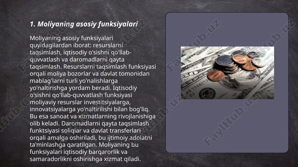 iyotni tartibga soladilar. masalan, o'zbekiston respublikasida markaziy bank monetar siyosat vositalarini qo'llab, inflyatsiya darajasini maqsadli ko'rsatkichlar darajasida ushlab turishga intiladi. bu, o'z navbatida, bozordagi talab va taklifni tartibga solib, iqtisodiy o'sishni qo'llab-quvvatlaydi. tartibga soluvchi funksiyaning samaradorligi ko'pincha iqtisodiy islohotlar va qonunchilik bilan mustahkamlanadi. ... t.me/slaydai_bot moliyaning iqtisodiy o'sishga ta'siri turli omillar orqali kuzatiladi. raqamlar bo'yicha, markaziy osiyo mintaqasida 2020-yilda bank sektorining umumiy aktivlari yaimning taxminan 20-35% ni tashkil etdi. rivojlangan davlatlarda esa bu ko'rsatkich 100% dan yuqori. investitsiyalar va kreditlar iqtisodiyotning turli sohalarida ish o‘rinlari yaratishda va ishlab chiqarishni oshirishda muhim rol o‘ynaydi. jahon bankining tadqiqotlariga ko'ra, xususiy sektor kreditlari yaimning 10% ga oshirilsa, iqtisodiy o'sish sur'ati yillik 0,2% gacha oshishi mumkin. moliyaviy vositalarning kengayishi va ulardan samarali foydalanish iqtisodiyotning barqaror o‘sishiga yordam beradi. ... t.me/slaydai_bot 7. moliyaning ijtimoiy barqarorlikka ta'siri moliyaviy barqarorlik ijtimoiy barqarorlikka katta ta'sir ko'rsatadi. xususan, kuchli moliyaviy infratuzilma ijtimoiy barqarorlikni qo'llab-quvvatlaydi. masalan, o‘zbekistonning 2021 yilgi moliyaviy …
