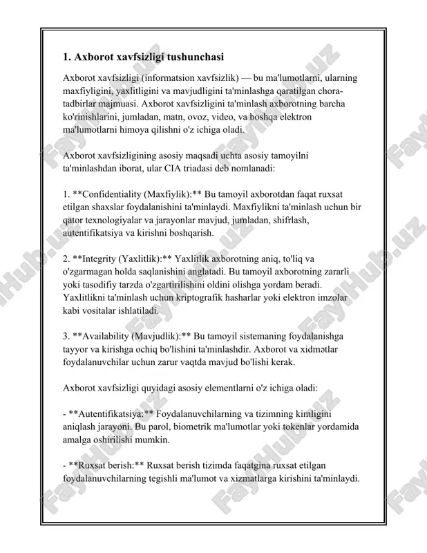 sizligini sinchiklab rejalashtirish va amalga oshirish bugungi kunning eng dolzarb masalalaridan biridir. 2. axborot xavfsizligi strategiyalari axborot xavfsizligi strategiyalari butun dunyo bo'ylab kompaniyalar va tashkilotlar uchun muhim masala hisoblanadi. ushbu strategiyalarni ishlab chiqishning asosiy maqsadi ma'lumotlarning maxfiyligini, butunligini va mavjudligini ta'minlashga qaratilgan. quyida axborot xavfsizligi strategiyalari haqida muhim ma'lumotlar keltiriladi. birlamchi maqsad axborot xavfsizligini kafolatlash uchun strategiyalarni aniq belgilashdir. odatda, axborot xavfsizligi strategiyalari uch asosiy elementni o'z ichiga oladi: maxfiylik, butunlik va mavjudlik. maxfiylikni ta'minlash ma'lumotlarni faqat ruxsat etilgan shaxslar ko'rishi yoki o'qishi mumkin bo'lishini anglatadi. butunlik ma'lumotlarning ishonchliligi va aniqligini ta'minlashni anglatadi. mavjudlik esa ma'lumotlarga kerak bo'lganda kirish imkoniyatini ta'minlaydi. 2020-yilda dunyo bo'ylab kiberyurishlar soni sezilarli darajada oshdi. nishonga olinayotgan tashkilotlarning 39 foizi ichki hujumlar tufayli zarar ko'rdi. ular orasida parol va kirish axborotlarini qo'lga kiritish yoki ijtimoiy muhandislik (social engineering) usullaridan foydalanish yo'li bilan sodir etilgan hujumlar mavjud. ma'lumotlarga ko'ra, o'rtacha bir ma'lumotni yo'qotish hodisasining kompaniyalarga etkazadigan zarar …