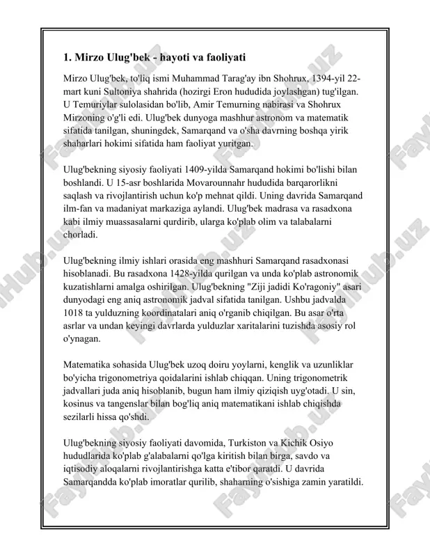 hovlarni amalga oshirgandilar. ulug'bekning eng mashhur ilmiy asari "zij-i ko'ragoniy" yoki "ulug'bek zij" deb ataladi. bu asar astronomik jadval bo‘lib, 1437-yilda nashr etilgan. zijda turli sayyoralar, yulduzlar va ularning joylashuvi haqida aniq ma'lumotlar berilgan. ushbu jadvalning aniqligi shunchalik yuqori ediki, ayrim hisoblamalar xviii asrgacha o‘z ahamiyatini yo‘qotmagan. ulug'bek zijida 1018 ta yulduzning koordinatalari va porlashi keltirilgan edi. ulug‘bekning ilmiy ishiga asoslangan xulosalar faqat markaziy osiyo emas, balki islom dunyosining boshqa mintaqalariga ham tarqaldi. uning zijiga yevropa olimlari katta qiziqish bildirishgan va uni o'rganishgan. ulug'bek o‘z davrida matematikani rivojlantirishda ham katta hissa qo'shgan. u trigonometrik funksiyalar, sinus va kosinus qadriyatlarini aniq o‘lchashda muvaffaqiyatga erishgan. ulug'bekning zamondoshlari va keyingi avlod olimlari uning ilmiy merosidan keng foydalanganlar. uning rasadxonasida ishlagan olimlar orasida qozizoda rumiy, gʻiyosiddin jamshid al-kashi va ali qushchi kabi taniqli shaxslar bor edi. ulug'bek o‘z ilmiy faoliyatida ko‘plab muammolarni yechish uchun ilm-fanni davlat dasturiga kiritishga muvaffaq bo‘lgandi. 1449-yilda ulug‘bek o‘zining o‘g‘li …