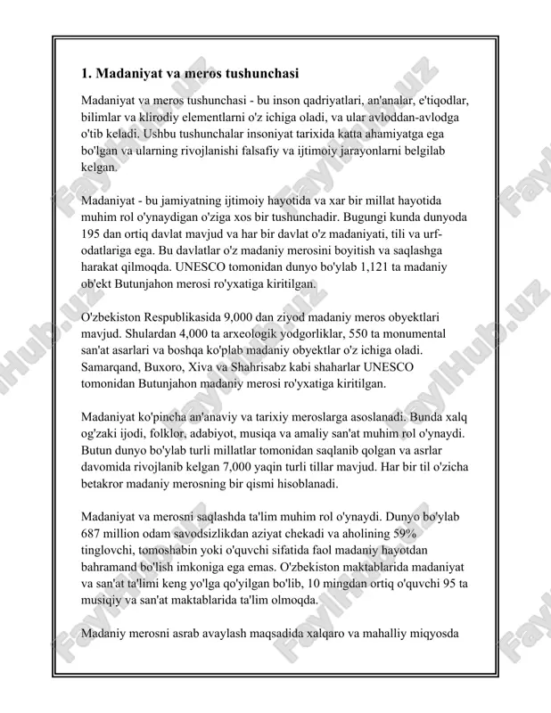 rxeologik va tarixiy obyektlarning saqlanishini ta’minlashdan iboratdir. mamlakatda prezident qarorlari va farmonlari orqali qabul qilingan turli davlat dasturlari ham mavjud bo‘lib, ular tarixiy qadamjolarni restavratsiya qilish, ularning xalqaro darajadagi targ‘iboti va saqlanishiga qaratilgan. 2010-yildan 2021-yilgacha bo‘lgan davrda mamlakatda ko‘plab obyektlar restavratsiya qilinib, yangilandi. masalan, qo‘qon, namangan va andijon viloyatlarida har yili o‘rtacha 10-15 obida restavratsiya qilinadi. 2023-yilda o‘zbekiston hukumati tomonidan tarixiy yodgorliklarni saqlash uchun 50 milliard so‘m mablag‘ ajratildi. bu mablag‘lar restavratsiya, ta’mirlash va rivojlantirishga yo‘naltirilmoqda. shu bilan birga, xususiy investitsiyalar ham jalb qilinmoqda va turizmning rivoji orqali tarixiy meroslar saqlanishiga qo‘shimcha resurslar yaratilyapti. xalqaro miqyosda ham o‘zbekiston tarixiy meroslarni himoya qilish borasida yunesko bilan samarali hamkorlik qilib kelmoqda. yunesko tashkiloti o‘zbekiston hududidagi tarixiy obidalar va madaniy esdaliklarni xalqaro jamiyatga tanishtirish va ularga yordam berishda faollik ko‘rsatmoqda. 2022-yilda samarqanddagi amir temur maqbarasi yunesko tomonidan yevropa va osiyoda eng ko‘p ziyorat qilinadigan joylardan biri deb tan olindi. tarixiy meroslarni saqlash borasida …