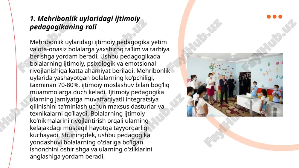 ni maqsad qilgan. hukumat tomonidan 2021 yilda mehribonlik uylarida ta'lim sifatini oshirish uchun 10 milliard so'm ajratildi. shu orqali, bolalarning ta’lim va ijtimoiy ko'nikmalarini rivojlantirishga qaratilgan loyihalar amalga oshirilmoqda. mehribonlik uylarida ta'lim beruvchi o'qituvchilar soni 3 mingdan oshadi va ular maxsus tayyorgarlikdan o'tadilar. ... t.me/slaydai_bot bolalarga psixologik yordam ko'rsatish jarayoni asosan ularning rivojlanish bosqichlariga mos ravishda belgilangan strategiyalarni qo‘llash orqali amalga oshiriladi. dunyo bo'ylab taxminan 20% bola turli xil psixologik muammolarga duch keladi. o'zbekistonda 2020-yilda olib borilgan tadqiqotlar natijasida ma’lum bo‘lishicha, taxminan 5-15% bolalar psixologik yordamga muhtoj. psixologik yordam jarayonida dastlab bolalarning hissiy holati va xulq-atvori tahlil qilinadi. yordam ko'rsatishda psixologlar va pedagoglar muhim rol o'ynaydi. bolalar orasida ijtimoiy ko'nikmalarni rivojlantirish uchun o'yin terapiyasi, rasm chizish va hikoya so'zlash kabi usullar qo‘llaniladi. bu usullar bolalarning o‘z-o‘ziga ishonchini mustahkamlash va stress bilan kurashishga yordam beradi. ... t.me/slaydai_bot 7. bolalar uchun kunlik rejalar bolalar uchun kunlik rejalar tuzish muhimdir, chunki ular bolalarning …