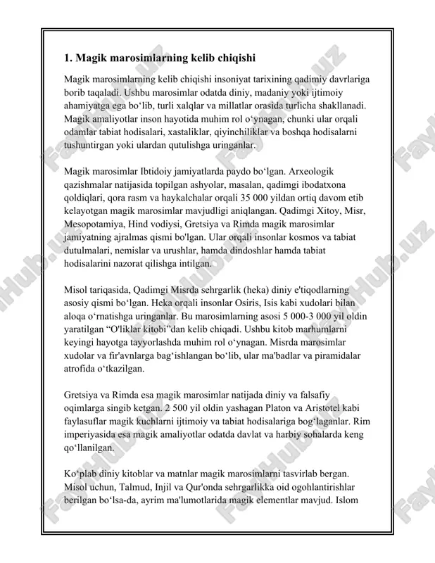 a yechim topishga intilganlar. ushbu marosimlarning ba’zilari bugungi kungacha saqlanib qolgan va xalqaro etnografiya sohasida qiziqish uyg‘otib keladi. o‘zbekistonda magik marosimlar asosan tabiatni anglash, mo‘l-ko‘lchilikka erishish, himoya qilish, shifo topish va omad keltirish maqsadida amalga oshirilgan. bu marosimlar ko‘pincha qadimgi xalq e’tiqodlari, islomgacha bo‘lgan urf-odatlar va islom festivallari bilan uyg‘unlashgan. marosimlarda turli xil obyektlar, masalan, suv, olov, tuproq va havodan foydalanilgan. birinchidan, "navro‘z" bayramini alohida ta'kidlash lozim. bu bayram asosida xalq e’tiqodida yangi yilning boshlanishi sifatida qabul qilingan kunlarning bir qismi oilaviy va mahalliy bayramlar bilan nishonlanadi. ushbu kunlarda turli xil magik amallar, masalan, suv, yong‘in va o‘simliklardan foydalanib o‘tkazilgan marosimlar amalga oshiriladi. marosimlar jarayonida xalq "bahor otalarini uyg‘otish" va "er yuzini yangilash" maqsadida qilinadigan turli qilingan urf-odatlar, masalan, soyasiga suv sepish va gul ekish bilan shug‘ullanadi. ikkinchidan, she’rlarni o‘qish va fol ochish kabi an’analar ham qadimgi turkiston hududida keng tarqalgan edi. misol tariqasida, “yor-yor” marosimi o‘zbek xalqining taniqli amallaridan …