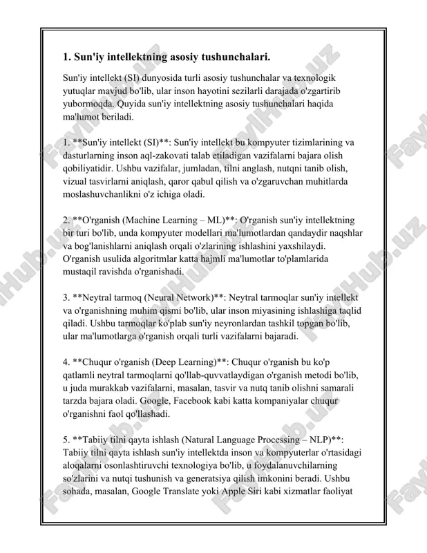 ror qabul qiluvchi muammolarni hal qilishda yordam beradi. 9. **mustaqil agentlar (autonomous agents)**: mustaqil agentlar sun'iy intellekt tizimlari bo'lib, ular o'zlari atrofidagi muhitga javob qaytarish va maqsadlariga erishish uchun mustaqil ravishda harakat qila oladi. 10. **mashinani tushunish (perception)**: mashinalar yoki robotlar muhitni sezib-tanish qobiliyatidir, ya'ni ko'rish, eshitish kabilarni o'z ichiga oladi. masalan, avtobuslarga o'rnatilgan kameralar yordamida qoidabuzarliklar aniqlanadi. so'nggi yillarda sun'iy intellekt texnologiyalari tez sur'atlar bilan rivojlanmoqda va bu jarayon kelajakda ham yanada jadallashadi. birlashgan millatlar tashkilotining ma'lumotlariga ko'ra, 2030 yilga kelib sun'iy intellekt global iqtisodiyotga 15 trillion aqsh dollaridan ortiq foyda keltirishi kutilmoqda. sun'iy intellekt inson hayotining turli jabhalariga kirib borishi bilan uni jamiyatda to'g'ri qo'llash va boshqarish muhimdir. 2. mashinani o'rganish usullari va algoritmlari. mashinani o'rganish - bu sun'iy intellektning bir qismi bo'lib, ushbu sohada tadqiqotchilar kompyuterlarga ma'lumotlardan o'rganish va tajriba asosida qarorlar qabul qilish imkoniyatini beradilar. bu jarayon mashinaga o'z-o'zidan mustaqil tarzda yaxshilanadigan algoritmlar ishlab chiqarishni o'z …