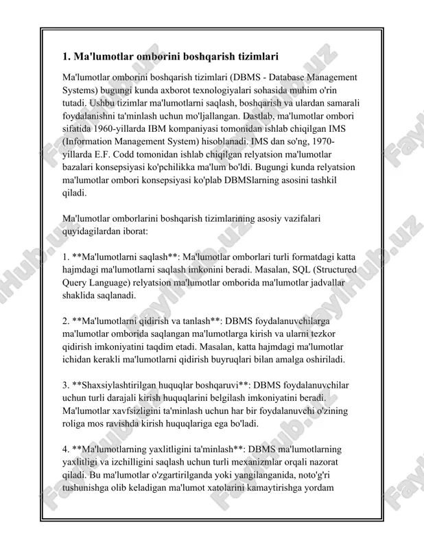 i ichida eng mashhurlari quyidagilar: - **oracle database**: dunyoda keng tarqalgan va kuchli dbmslardan biri bo'lib, korporativ darajada keng qo'llaniladi. oracle ko'p foydalanuvchilar qo'llovini, katta hajmdagi ma'lumotlar bilan ishlashni va yuqori xavfsizlik darajasini ta'minlaydi. - **microsoft sql server**: microsoft tomonidan ishlab chiqilgan bu dbms ko'plab korporativ muhitlarda keng foydalaniladi. u qulay interfeys va samarali ma'lumotlar boshqarish imkoniyatlarini taqdim etadi. - **mysql**: ochiq manba kodli va ko'plab veb-dasturlar, xususan, lamp (linux, apache, mysql, php) arxitekturasi asosida ishlaydigan saytlar uchun mashhur dbms. - **postgresql**: ochiq manba kodli relyatsion ma'lumotlar ombori bo'lib, keng funksional imkoniyatlarga ega. u jiddiy dasturlash vazifalarida yuqori ishonchlilikni ta'minlaydi. non-relyatsion yoki nosql ma'lumotlar omborlari zamonaviy muammolarni hal etish uchun muhim ahamiyat kasb etadi. ular alohida katta hajmli va tez o'zgaruvchan ma'lumotlar uchun moslashuvchan, kengayish oson va samarali ishlash imkoniyatini taqdim etadi. mongodb, cassandra va couchbase singari nosql dbmslar sekin-asta ommalashib bormoqda. 2021 yildagi ma'lumotlarga ko'ra, global dbms bozorining qiymati …