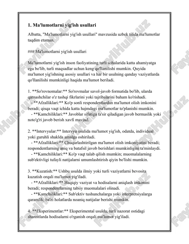 ma'lumotga asoslangan qaror qabul qilish jarayonlarida ishonchli va aniq ma'lumotlar yig'ish usullari tijorat va ilmiy muvaffaqiyatga olib kelishi mumkin. 2. ma'lumotlarni rasmiylashtirish va saqlash ma'lumotlarni rasmiylashtirish va saqlash zamonaviy davrda axborot texnologiyalari sohasida katta ahamiyatga ega. bu jarayonlar har xil turdagi tashkilotlar, korxonalar va davlat idoralari uchun muhimdir. quyida ma'lumotlarni rasmiylashtirish va saqlash bilan bog'liq ma'lumotlar va statistikalar keltiriladi. 1. **ma'lumotlarni rasmiylashtirish**: - ma'lumotlarni rasmiylashtirish, ya'ni ma'lumotlarni tartibga solish va tuzilmalashtirish jarayoni, katta hajmdagi ma'lumotlar bilan ishlash imkoniyatini oshiradi. bu jarayon turli xil formatlardagi va manbalardagi ma'lumotlarni yagona standartga keltirishni nazarda tutadi. misol uchun, kompaniya o'z mijozlarining ma'lumotlarini rasmiylashtirganda, ular barqaror va bir xil formatda saqlanadi. 2. **ma'lumotlarni saqlash**: - ma'lumotlar hajmi tobora ortib bormoqda. 2025-yilgacha dunyodagi ma'lumotlar hajmi 175 zettabaytgacha yetishi kutilmoqda (idc, 2021). buni taqqoslash uchun, 2010-yilda jami ma'lumotlar hajmi taxminan 1.2 zettabayt bo'lgan. - bulutli saqlash texnologiyalari ommalashmoqda. 2021-yilda dunyo bo'ylab ma'lumotlarning 49% bulutli saqlash orqali saqlanganligi …