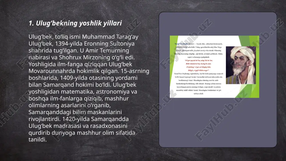 tarixida muhim ahamiyatga ega. ulugʻbekning ishlarida trigonometrik jadvallar, yaxlitlangan sinus va tangens qiymatlari mavjud. u, shuningdek, oʻz davrining matematik usullarini takomillashtirib, ularga yangi mexanizm yondashuvlarini qoʻshdi. uning davrida samarqand markaziy osiyoning ilmiy markaziga aylandi. ... t.me/slaydai_bot 7. tarix va tarixiy asarlar tarix va tarixiy asarlar insoniyatning o'tmishini o'rganish va uni saqlashda muhim ahamiyatga ega. tarixiy asarlar odatda qadimgi yozuvlar, arxeologik topilmalar va moddiy madaniyat qoldiqlaridan iborat. masalan, samarqanddagi afrosiyob devoriy rasmlari va buxorodagi ark qo'rg'oni markaziy osiyoning boy tarixidan dalolat beradi. o'zbekistonda islom madaniyatiga oid ko'plab meros obidalari mavjud bo'lib, ular orasida samarqanddagi ulug'bek rasadxonasi va shahrisabzdagi oqsaroy saroyi eng mashhurlari hisoblanadi. tarixiy asarlar xalqning identifikatsiyasi, madaniyati va merosini asrab-avaylashda asosiy rol o'ynaydi. ... t.me/slaydai_bot ulugʻbek, mashhur astronom va matematik bo‘lib, samarqandda tug‘ilgan. u yoshligidan bilimga chanqoq bo‘lgan va ustozi qozizoda rumiy orqali ilmga qadam qo‘ygan. ulugʻbekning ilmiy muhiti movarounnahrning eng yuksak davrida gullab-yashnagan. samarqandda 1424-yilda astronomik rasadxona qurdirdi. bu …