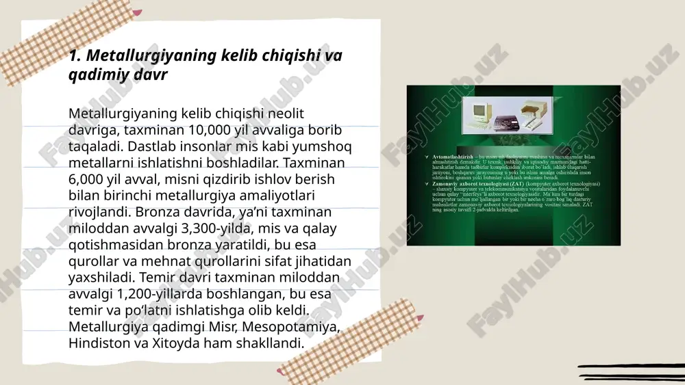 ll ishlab chiqarishni yanada rag'batlantirdi. ... t.me/slaydai_bot 19-asrda metallurgiya texnologiyalari sezilarli rivojlandi, xususan, bessemer jarayoni ixtiro qilindi. 1856-yilda genri bessemer tomonidan kashf etilgan ushbu jarayon po‘lat ishlab chiqarishni arzonlashtirdi va yirik ko‘lamda ishlab chiqarishga zamin yaratdi. shuningdek, 19-asrda ochiq o‘choq pechi (siemens-martin jarayoni) ishlanib chiqildi va po‘lat ishlab chiqarish ancha osongina amalga oshirildi. bu davrda ko‘mirning metallurgiyadagi o‘rnini ancha oshdi, chunki ko‘mirning kokslash jarayoni metallurgiyada keng qo‘llandi. ushbu yangiliklar yevropa va qo‘shma shtatlarda sanoat inqilobini ildamlashtirdi, metallurgiya sohasidagi mahsulot hajmi va sifatini yuksalishiga olib keldi. ... t.me/slaydai_bot 7. po'lat ishlab chiqarish texnikasining evolyutsiyasi po'lat ishlab chiqarish texnikasi davr davomida katta o'zgarishlarga uchradi. dastlabki bosqichlarda, bessemer protsessi (1856 yilda) havoni erigan temir ustiga puflash orqali uglerodni kamaytirishni o'z ichiga oldi. keyinchalik, martin-siemens usuli (1865 yilda) po'latni erigan temir va temir rudasi aralashmasidan olish imkonini berdi. xx asrga kelib, kislorod konverterlari (bof) po'lat ishlab chiqarishni yanada tezlashtirdi, o'sha paytda bugungi kunda tarkibiy …