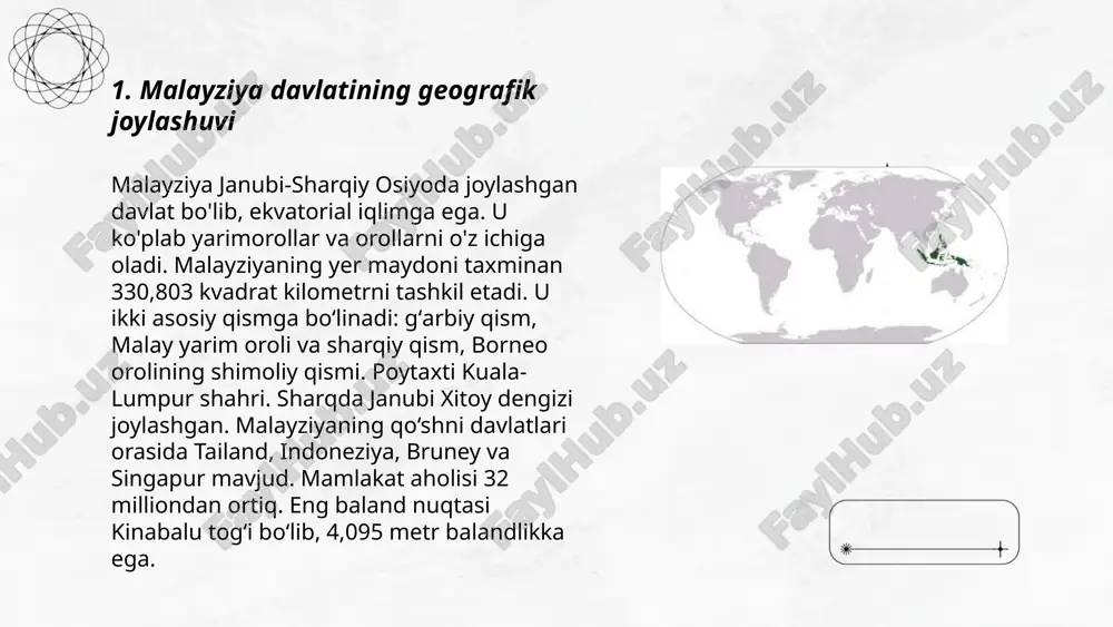 va gaz sektori malayziya iqtisodining yana bir muhim qismi bo'lib, umumiy eksport hajmining qariyb 15% ni tashkil etadi. malayziyada avtomobil sanoati ham yaxshi rivojlangan, bunga misol sifatida proton va perodua kabi mahalliy kompaniyalarni keltirish mumkin. ... t.me/slaydai_bot 7. malayziyaning turizm salohiyati malayziya turizm salohiyati jihatidan osiyoda yetakchi davlatlardan biri hisoblanadi. 2019 yilda mamlakat 26,1 million sayyohni qabul qilgan. turizm daromadi shu yili 86 milliard malayziya ringgitiga (taxminan 20 milliard aqsh dollari) yetgan. kuala-lumpur, penang, langkawi va borneo sayyohlar orasida eng mashhur manzil hisoblanadi. malayziya hukumati 2020 yilga kelib 30 million sayyohni jalb qilishni maqsad qilgan edi, lekin covid-19 pandemiyasi bu rejalarni o'zgartirdi. turizm sohasida milliy parklar, tarixiy yodgorliklar va ko'p qavatli savdo markazlari muhim o'ringa ega. turizm sektori malayziya yaimning taxminan 15 foizini tashkil etadi. ... t.me/slaydai_bot malayziyada ta'lim tizimi uch bosqichdan iborat: boshlang'ich, o'rta va oliy ta'lim. boshlang'ich ta'lim 6 yil, o'rta ta'lim esa 5 yil davom etadi. boshlang'ich …
