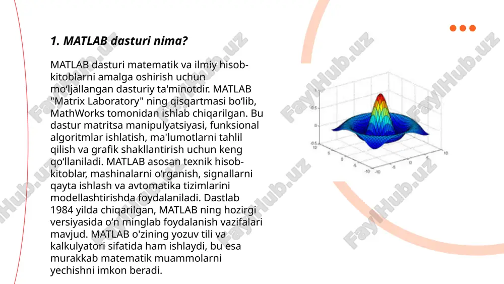 iq grafikalarini, `surf` funksiyasi bilan esa 3d sirt grafikalarini yaratish mumkin. shu bilan birga, `title`, `xlabel`, `ylabel` kabi funksiyalar orqali grafikalar nomlarini va o'qlarini belgilash mumkin. matlabda grafikalarni yaratishda ma'lumotlarni estetik tarzda namoyish etish uchun ranglar, chiziq turlari va markerlar ham sozlanadi. `figure` va `subplot` kabi funksiyalar esa bir nechta grafikalarni bir oynada ko'rsatish uchun ishlatiladi. ... t.me/slaydai_bot 7. matlabda tsikllar (for va while) matlabda tsikllar ma’lum vazifalarni takror qilish uchun ishlatiladi. "for" tsikli ma’lum soni marta bajariladi. sintaksisi: `for index = startvalue:endvalue, commands, end`. bu yerda "startvalue" boshlang'ich, "endvalue" oxirgi qiymat. "while" tsikli esa shart bajarilgunga qadar davom etadi. sintaksisi: `while condition, commands, end`. masalan, oddiy arifmetik progressiyani hisoblash uchun "for" tsiklidan foydalanish mumkin, shunda barcha elementlar ustida takroriy amallar bajariladi. "while" tsiklida esa hisoblash amaliyoti faqat belgilangan shart bajarilganda davom etadi; bu foydalanuvchi xato kiritmagunicha davom etishi mumkin. ... t.me/slaydai_bot matlab dasturlash tilida shart operatorlari if, else, va …