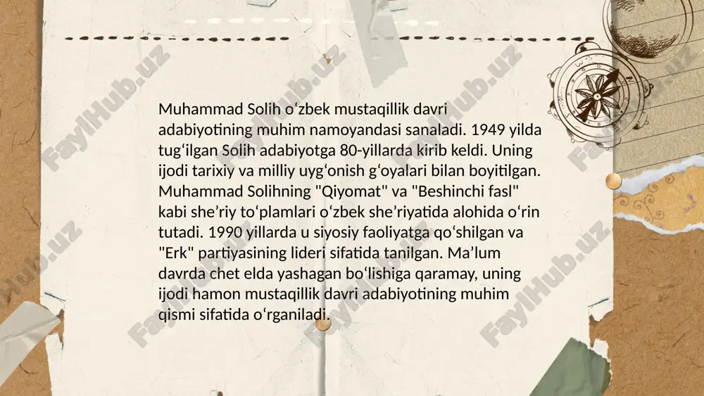 sazovor bo‘lgan. uning asarlari bir necha tillarga tarjima qilingan. ... t.me/slaydai_bot 7. muhammad soligning milliy yaqinlik goyalari muhammad solih milliy yakdillik g‘oyalariga katta e’tibor beradi. u 1990-yillarda "erk" muxolifat partiyasini tashkil qilib, o‘zbekistonning mustaqilligi va milliy yakdillik g‘oyalarini ilgari surdi. solih siyosiy va ijtimoiy barqarorlikni mustahkamlash uchun aholining birligi va millatlararo hamjihatlikni rag‘batlantirish muhimligini ta’kidlaydi. uning fikricha, millatni birlashtirish iqtisodiy taraqqiyot va madaniy yutuqlar uchun zamin hozirlaydi. solihning g‘oyalari aholini yakdil, kuchli va birlashgan holda bir maqsad sari harakat qilishga undaydi. ... t.me/slaydai_bot muhammad solih o'zbek adabiyotida tanikli shoir va siyosiy arbob boulib, 1990-yil "erk" demokrat partiyasiga asos lied. o'z asarlarida milliy va tiklanish goyalari bor. uning "vatan" shiori va izhtimoiy adolat goyalari uzbek adabiyotida muxim o'rin tutadi. muhammad soliy 1949 yilda tug'ilgan bo'lib, uning siyosiy faoliyati natijasida bir necha samarali qatag'on qilingan. uning sheiriyatida ichki erkinlik, halq huquqlarini himoya qilish va g'ayratli turmush tarzi mavzulari ko'p muhim ahamiyatga ega, …