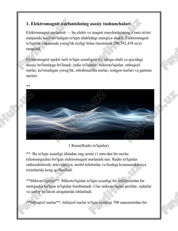 a gamma nurlar. 1. **radio to'lqinlari**: to'lqin uzunligi eng katta bo'lgan elektromagnit nurlanish turi, va ular past chastotaga ega. bu to'lqinlar turli aloqa tizimlari, masalan, radio va televizion uzatishlar uchun ishlatiladi. radio to'lqinlarning to'lqin uzunligi bir necha millimetrdan ming kilometrlargacha yetishi mumkin. 2. **mikroto'lqinlar**: bu to'lqinlar radio to'lqinlardan keyin keladi va yuqoriroq chastotalarga ega. mikroto'lqinlar uyali aloqa, wi-fi, radar tizimlari va mikroto'lqinli pechlar uchun ishlatiladi. ularning to'lqin uzunligi taxminan 1 millimetrdan 1 metrgacha o'zgaradi. 3. **infraqizil nurlar**: bu nurlar issiqlik energiyasini tarqatadi va ular ko'rinadigan yorug'likdan uzayadi. infraqizil nurlar issiqlik kameralarida va masofadan boshqarish qurilmalarida qo'llaniladi. ularning to'lqin uzunligi 700 nanometrdan (nm) 1 millimetrgacha o'zgaradi. 4. **ko'rinadigan yorug'lik**: bu insonga ko'rinadigan elektromagnit spektr qismidir. ko'rinadigan yorug'lik spektri to'lqin uzunligi 380 nm dan 750 nm gacha bo'lgan nurlardan iborat. bu spektrning ranglari binafsha, ko'k, yashil, sariq, to'q sariq va qizil ranglardir. 5. **ultrabinafsha (uv) nurlar**: bu nurlar ko'rinadigan yorug'likdan yuqoriroq chastotaga …