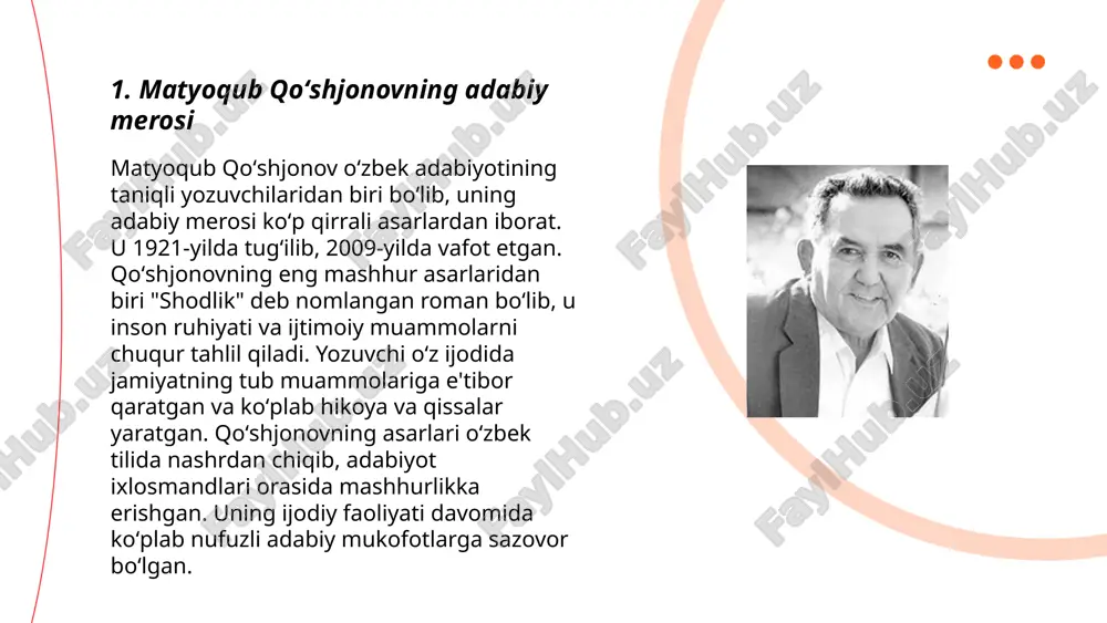 lar va asarlar muallifi sifatida tanilgan. u 2000-yilda "oʻzbek xalq ertaklari" to‘plamini nashr etgan. qoʻshjonovning ilmiy faoliyati davomida u o‘zbek adabiyotining rivojlanishi va uning jamiyatdagi o‘rni haqida qimmatli ma'lumotlar taqdim etgan. uning tadqiqotlari o‘zbek adabiyotshunosligi va og‘zaki ijodiyoti bo‘yicha muhim manba hisoblanadi. ... t.me/slaydai_bot 7. matyoqub qoʻshjonovning modern adabiyotga qoʻshgan hissasi matyoqub qoʻshjonov zamonaviy adabiyotga oʻziga xos uslubi bilan katta hissa qoʻshgan adibdir. u 20dan ortiq kitob muallifi boʻlib, sheʼr, hikoya va roman janrlarida ijod etgan. uning asarlari koʻplab milliy va xalqaro mukofotlarga sazovor boʻlgan. 2015 yilda nashr etilgan "zamonaviy inson" romani zamonaviy jamiyat muammolarini yoritgan. qoʻshjonovning asarlari 5ta tilga tarjima qilingan boʻlib, adabiyot ixlosmandlarining yuksak bahosini olgan. 2020 yilda u adabiyot sohasida eng yaxshi ijodkor sifatida tan olingan va oʻz ijodi bilan kelajak avlodlarga katta ilhom bagʻishlamoqda. ... t.me/slaydai_bot qoʻshjonov nazariy qarashlarida milliy anʼanalarning roli muhim oʻrin tutadi. uning asarlarida milliy anʼanalar avlodlar oʻrtasidagi uzviylikni taʼminlash vositasi sifatida qaraladi. …