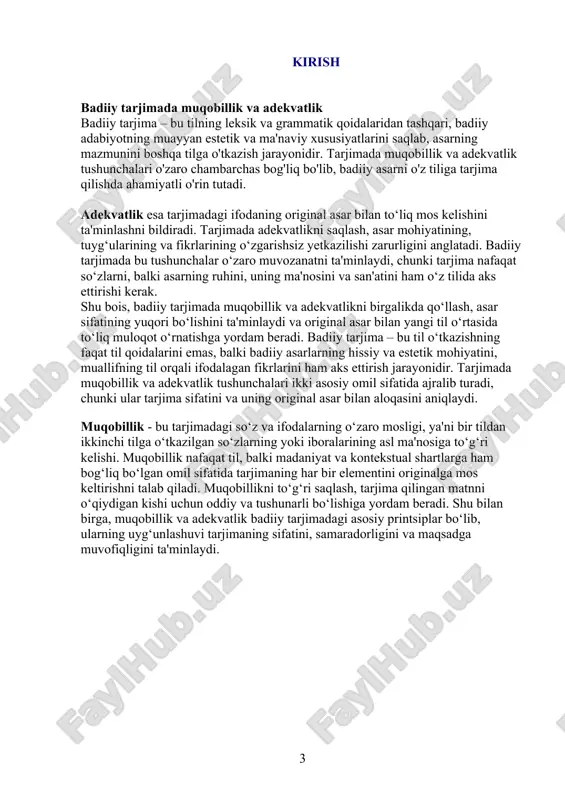 adagi har bir so‘z, har bir jumla, asar tushunchalarini ifodalashda muhim rol o‘ynaydi. muqobillik badiiy tarjimadagi markaziy tushunchalardan biridir. muqobillik — bu tarjima qilinayotgan matndagi har bir elementga muqobil ravishda tarjimonning o‘z tilida mos keladigan so‘z va ifodalarni tanlashi va asar muallifining niyatini saqlashni anglatadi. tarjimon original matndagi ma'lumotlarni aniq va to‘g‘ri tarjima qilishga harakat qiladi, lekin bu hamda yangi tilning grammatik va leksik tuzilmalari bilan mos bo‘lishi kerak. muqobillik – tarjimaning estetik jihatlarini saqlab, boshqa tilga o‘tkazilishini ta'minlashda muhim omil hisoblanadi. badiiy tarjimadagi muqobillik, tarjimonning o‘z tilini bilishi, matnni yaxshi tushunishi, originalning kontekstini saqlashga qaratilgan bir usulni o‘z ichiga oladi. badiiy tarjimada muqobillik faqat so‘zlarning mos kelishini talab qilmaydi. bu, aslida, matnning umumiy tuzilishini, ifodalash uslubini, janrni va adabiy elementlarini saqlashni anglatadi. muqobillikning muvaffaqiyatli bo‘lishi uchun, tarjimon matnni har jihatdan tushunib olish va uning haqiqiy ma'nosini o‘z tiliga to‘g‘ri tarjima qilishni maqsad qilishi zarur. muqobillikda tilning leksik va sintaktik …