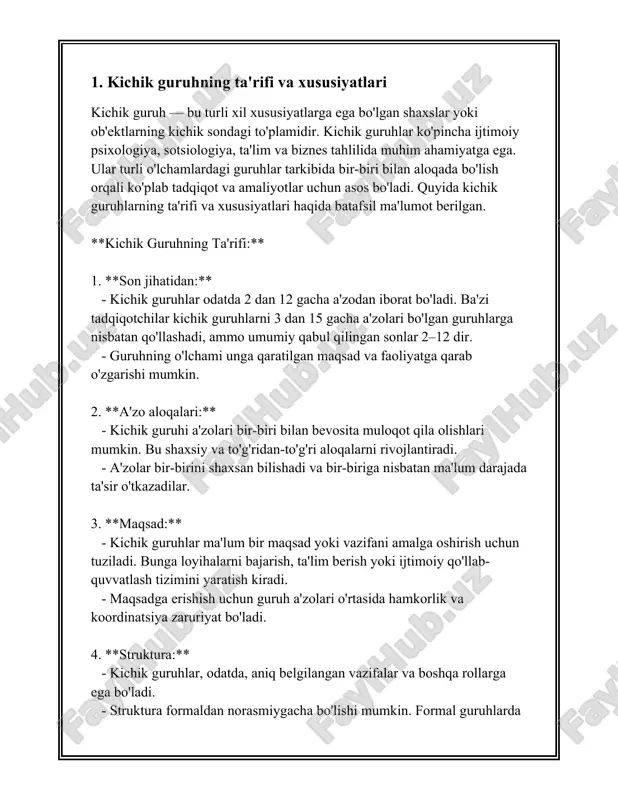 ha bo'lishi mumkin. liderlik roli bu guruhlarda bir qancha jihatlar bilan namoyon bo'ladi. quyida kichik guruhlarda liderlikning ahamiyati va ta'sirini tushunish uchun ba'zi raqamli ko'rsatkichlar va faktlar keltirilgan: 1. **g'uruhdagi samaradorlikni 30% gacha oshirish**: tadqiqotlar shuni ko'rsatadiki, kuchli liderlikka ega bo'lgan guruhlar samaradorlikda sezilarli darajada o'sishga erishishadi. kichik guruhlarda a’lochi liderlar vazifalarni taqsimlash, motivatsiya va guruh a’zolarini rag'batlantirish orqali samaradorlikni 20% dan 30% gacha oshirishi mumkin. 2. **kommunikatsiya muhitini yaxshilash**: kichik guruhlarda samarali liderlik a'zolar o'rtasidagi kommunikatsiya sifatini 50% ga yaxshilashi mumkin. bu o'z navbatida guruh a'zolari o'rtasida imkoniyatlar va resurslarning yanada samarali almashinuvini ta'minlaydi. 3. **motivatsiya darajasini 40% gacha oshirish**: kichik guruhlarda liderlar motivatsiya omili sifatida katta rol o'ynaydi. tadqiqotlar shuni ko'rsatadiki, liderlar tomonidan to'g'ri motivatsiya usullaridan foydalanish guruh a'zolarining motivatsiyalarini 40% gacha oshirish imkonini beradi. 4. **stress va ziddiyatlarni 25% ga kamaytirish**: liderlik samarali boshqarilgan guruhlarda stress va ichki ziddiyatlar miqdori 25% ga kamayadi. kuchli liderlik a'zolarning muammolarni …