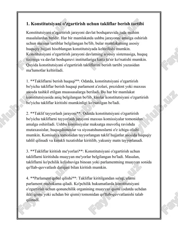 masalalarni o'z ichiga oladi. bu jarayonning maqsadi davlat boshqaruvi tizimini yaxshilash, davlat idoralarining samaradorligini oshirish va fuqarolarning huquq va erkinliklarini kafolatlashdir. konstitutsiyaviy o'zgartirishlar loyihasi odatda bir necha bosqichda amalga oshiriladi. birinchi bosqichda konstitutsiyaviy o'zgartirishlarni amalga oshirish zarurligini aniqlash uchun tahlil qilinadi. bu jarayonda mutaxassislar, ilmiy tadqiqot institutlari va nodavlat tashkilotlarining tavsiyalari ko'rib chiqiladi. ko'p hollarda jamiyatdagi muhim ijtimoiy masalalar va xalqaro tajriba ham inobatga olinadi. maqsad konstitutsiyaviy o'zgartirishlarning asosiy yo'nalishlarini aniqlashdir. ikkinchi bosqich – konstitutsiyaviy o'zgartirishlar loyihasini tayyorlash. loyihani tayyorlashda turli sohalarga ixtisoslashgan ekspertlardan iborat ishchi guruhlar tuziladi. ushbu guruhlar takliflarni ishlab chiqishda xalqning ehtiyojlari va mamlakatning rivojlanish maqsadlarini hisobga oladi. loyihani tayyorlashda xalqaro tajriba, xalqaro huquq normalari va insonga doir huquqlar to'g'risidagi xalqaro hujjatlar inobatga olinadi. uchinchi bosqichda konstitutsiyaviy o'zgartirishlar loyihasi keng muhokama etiladi. muhokamalar parlamentda, jamoatchilik orasida va turli nodavlat tashkilotlar ishtirokida o'tkaziladi. jamoatchilik muhokamalari chog'ida fuqarolarning fikr-mulohazalari va takliflari yig'iladi. muhokamalar davomida aniqlangan muammo va takliflar asosida …