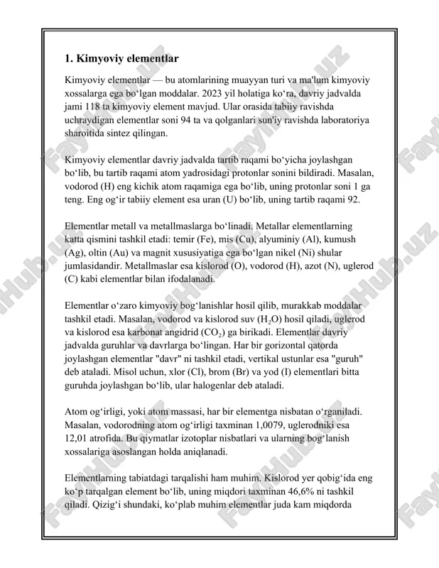 biiy manbalardan olinadi. 2. **spirtlar**: molekulada uglerod bilan bog'langan gidroksil guruhi (–oh) mavjud. eng oddiy spirt - metanol (ch₃oh) va etanol (c₂h₅oh). 3. **aldegidlar va ketonlar**: ushbu birikmalar karbonil guruhi (>c=o) mavjudligi bilan tavsiflanadi. formaldegid (hcho) va atseton (ch₃coch₃) tekis misol bo'lib, ular sanoatda keng qo'llaniladi. 4. **kislotalar**: molekulada karboksil guruhi (–cooh) mavjud. eng taniqli organik kislotalardan biri - sirka kislotasi (ch₃cooh). 5. **esterlar**: kislotalarning spirtlar bilan o'zaro ta'siri natijasida hosil bo'ladi va kislota anhidridlari yoki laktonlar deb ham atalishi mumkin. esterlar parfyumeriya sanoatida va oziq-ovqat aromatizatorlarida keng qo'llaniladi. 6. **aminlar**: azot atomining mavjudligi bilan tavsiflanadi. aminlar aminokislotalar va oqsillar tarkibidagi funksional guruhlar hisoblanadi. molekulyar massalar turlicha bo'lib, metandan (ch₄) boshlab, ulkan biologik makromolekulalar, masalan, oqsillar va dnkgacha bo'lishi mumkin. metanning molekulyar massasi 16,04 g/mol ni tashkil qiladi, etanol uchun esa bu ko'rsatkich 46,07 g/mol. organik birikmalarning fizikaviy va kimyoviy xususiyatlari ularning molekulyar tuzilishiga bog'liq. masalan, polimerlar (katta organik molekulalar) …