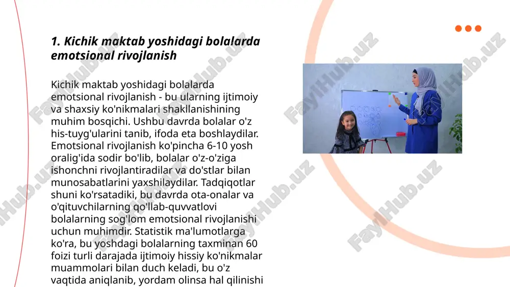 . statistik ma'lumotlarga ko‘ra, motivatsiya darajasi yuqori bo‘lgan bolalar bilim olish jarayonida ko‘proq uquvchan bo‘ladi va bu ularning kelajakdagi ta'lim muvaffaqiyatlariga samarali ta'sir qiladi. ... t.me/slaydai_bot oila va kichik maktab yoshidagi bolalar psixologiyasi mavzusida bolalarning rivojlanishi va tarbiyasiga oid turli ma'lumotlar mavjud. yosh davri, 6 dan 10 yoshgacha bo'lgan bolalar psixologiyasi o'sish va o'rganish davri hisoblanadi. ular maktabga moslashish, ijtimoiy ko'nikmalarni shakllantirish va bilimlarni egallashda sezilarli o'zgarishlarni boshdan kechiradilar. ushbu davrda ota-onalar va o'qituvchilar o'rtasida samarali muloqot va qo'llab-quvvatlash juda muhimdir. tadqiqotlar shuni ko'rsatadiki, dangasalik ko'rsatadigan bolalar odatda 20-30% pastroq o'rganish ko'rsatkichlariga ega bo'lishadi. shu bilan birga, bu davrda bolalar uchun kuniga 9-11 soat uyqu muhimdir. ... t.me/slaydai_bot 7. do'stlik va kichik maktab yoshlari do'stlik va kichik maktab yoshlari o'rtasida ijtimoiy rivojlanishning muhim qismi hisoblanadi. shu yoshdagi bolalar uchun kuchli do'stlik rishtalari ularning hissiy va ijtimoiy ko'nikmalarini mustahkamlaydi. ular o'z his-tuyg'ularini boshqarishni, nizolarni hal qilishni va o'zaro hamkorlikni o'rganadilar. bolalar …