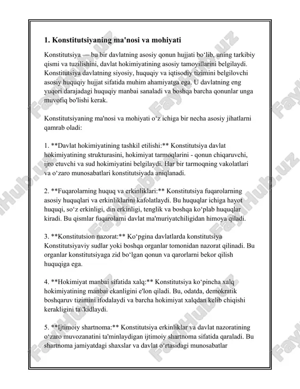 iqtisodiy va siyosiy rivojlanish yo‘lini belgilovchi ilgarilash jarayonlarining poydevoridan hisoblanadi. 2. konstitutsiyaning davlat tuzilishidagi ahamiyati konstitutsiya davlat tuzilishining eng asosiy va muhim hujjati hisoblanadi. u davlat tuzilishini, uning boshqaruv shaklini, asosiy tashkilotlarning vakolatlarini va fuqarolarning huquq va majburiyatlarini belgilab beradi. konstitutsiya, odatda, qonunlarning ustunligi prinsipiga asoslanadi va davlatning yurisdiksiyasini muvofiqlashtiradi. konstitutsiya demokratik jamiyatni barpo etishda muhim rol o'ynaydi va hokimiyatni suiiste’mol qilishga qarshi ishonchli kafolatlarni yaratadi. konstitutsiyaning ahamiyati davlat tuzilishida quyidagi nuqtalarda namoyon bo'ladi: 1. **hokimiyatni bo'lish**: konstitutsiya davlat hokimiyatini uch bo'lakka - ijro, qonun chiqaruvchi va sud hokimiyatlariga ajratadi. bu prinsip hokimiyatlar bo'limi deb ataladi. bu prinsip davlat organlari o'rtasidagi vakolatlar bo'linishini tartibga soladi va ularning bir-biridan nazoratsiz foydalanishiga yo'l qo'ymaydi. bu mustaqil va muvozanatli hokimiyat tizimini yurgizish uchun muhimdir. 2. **qonun ustunligi**: konstitutsiya o'tkinchi manfaatlarga emas, balki qonunlarning ustunligiga asoslangan. bu fuqarolar va davlat organlari bir xil qonunlar bilan boshqarilishi va hech kim qonundan ustun bo'lmasligini anglatadi. qonun …