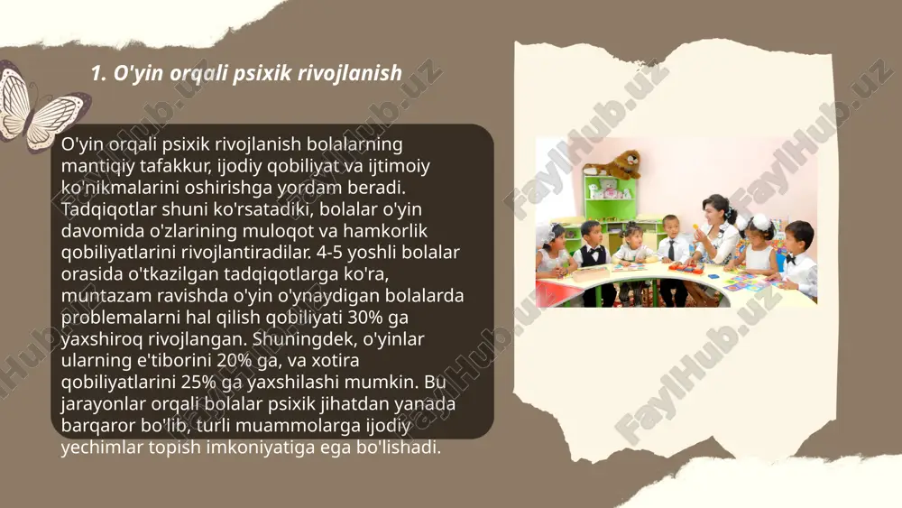 t.me/slaydai_bot mantiqiy fikrlash qobiliyatlarini rivojlantirish ko'plab muhim omillarga bog'liq. birinchidan, kitob o‘qish hamda matematik masalalarni yechish mantiqiy fikrlashni o‘stirishga yordam beradi. shu bilan birga, logika o‘yinlari, masalan, shaxmat yoki sudoku, fikrlash qobiliyatlarini mustahkamlaydi. psixologlar tavsiyalariga ko‘ra har kuni kamida 15-30 daqiqa logik mashg‘ulotlar bilan shug‘ullanish samarali hisoblanadi. shuningdek, tadqiqotlar ko‘rsatishicha, o‘quvchilar mantiqiy mashg‘ulotlar natijasida o‘zlarining muvaffaqiyatlarini 25-30% ga oshirishi mumkin. shu bilan birgalikda, muntazam ravishda kitob mutolaasi miyaning neyron aloqalarini yaxshilaydi va fikrlash jarayonlarini tezlashtiradi. ... t.me/slaydai_bot 7. motor ko'nikmalarning shakllanishi motor ko'nikmalarning shakllanishi inson harakatlarini boshqarish va harakatlarni o'rganish jarayonidir. bu jarayon asosan bolalikda boshlanib, turli bosqichlarni o'z ichiga oladi. ikki yoshdan boshlab bolalarda qo'l va oyoq koordinatsiyasi rivojlanadi; 3-4 yoshda muvozanat va harakatlarni rejalashtirish yaxshilanadi. 5-6 yosh oralig'ida esa bolalar nozik motor ko'nikmalarini rivojlantiradilar. ushbu ko'nikmalarni mustahkamlash uchun mashqlar va takrorlash muhim rol o'ynaydi. 10 yoshgacha bolalar to'liq motor nazoratiga erishishadi. motor ko'nikmalar sport, raqs va boshqa jismoniy …