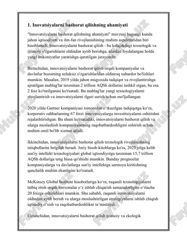 atga ega. ushbu strategiyalar korxonalarga raqobatbardoshlikni oshirish, bozorda o'z o'rnini mustahkamlash va yangi imkoniyatlardan foydalanish imkoniyatini beradi. innovatsion strategiyalarni to'g'ri tanlash orqali korxonalar yangi mahsulotlar va xizmatlarni ishlab chiqishi, jarayonlarni optimallashtirishi va iste'molchilar ehtiyojlarini yaxshiroq qondirishi mumkin. 1. **innovatsion strategiyalarning turlari**: korxonalar turli xil innovatsion strategiyalarni qo'llashi mumkin, jumladan, mahsulot innovatsiyasi, jarayon innovatsiyasi, xizmat ko'rsatish innovatsiyasi va tashkilot innovatsiyasi. mahsulot innovatsiyasi yangi yoki yaxshilangan mahsulotlarni yaratishni o'z ichiga oladi. jarayon innovatsiyasi esa ishlab chiqarish yoki xizmat ko'rsatish jarayonlarini yanada samarali qiluvchi texnologiyalar va metodlarni qo'llashdir. xizmat ko'rsatish innovatsiyasi esa mijozlarga ko'rsatilayotgan xizmatlar sifatini va xilma-xilligini oshirish maqsadida amalga oshiriladi. tashkilot innovatsiyasi korxonaning tuzilmasi, menejment jarayonlari va ishchi kuchidan samarali foydalanishni takomillashtirishni o'z ichiga oladi. 2. **innovatsion strategiyalarni amalga oshirish**: innovatsion strategiyalarni muvaffaqiyatli amalga oshirish uchun korxonalar innovatsion madaniyatni rivojlantirishlari lozim. bu xodimlarga yangi g'oyalar bilan chiqish uchun imkoniyat va rag'bat yaratishni taqozo etadi. shuningdek, korxonalar texnologik rivojlanishni kuzatib borishlari va …