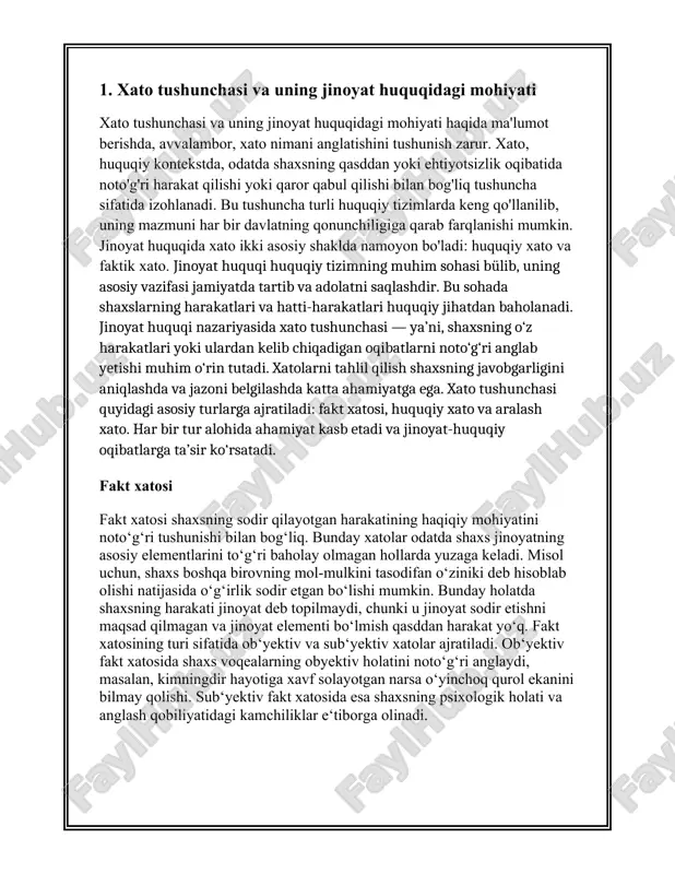 pert xulosalari asosida qaror qabul qilinadi. xatolarni tahlil qilishda ularning oqibatlari ham muhimdir. agar xato shaxsning qasddan harakat qilishiga to‘sqinlik qilgan bo‘lsa, bu holatda jinoyat elementlari to‘liq emas deb topiladi. bu esa shaxsning javobgarlik darajasini kamaytirishi yoki umuman javobgarlikdan ozod etishi mumkin. xulosa qilib aytganda, jinoyat huquqida xato tushunchasi shaxsning harakatlarini baholashda asosiy ahamiyatga ega. xatolarni aniqlash va ularni to‘g‘ri baholash jamiyatda adolatni ta‘minlash uchun muhimdir. fakt xatosi, huquqiy xato va aralash xatolarning har biri jinoyat-huquqiy munosabatlarni tahlil qilishda alohida yondashuvni talab qiladi. shu sababli jinoyat huquqini amaliyotda qo‘llashda ushbu tushunchalarni chuqur bilish va ulardan to‘g‘ri foydalanish zarur. huquqiy xato (error in law) shaxsning amaldagi qonunlarni noto'g'ri tushunishi yoki bilmasligi natijasida sodir etiladi. odatda, "qonunni bilmaslik jazodan ozod qilmaydi" degan qoida amal qiladi, bu esa shuni anglatadiki, shaxsning huquqiy xabarsizligi qoida tariqasida uning javobgarligini cheklamaydi. biroq, ba'zi hollarda, agar xato oqilona asoslangan bo'lsa va shaxs to'g'ri xulq-atvorni qo'llash uchun zarur …