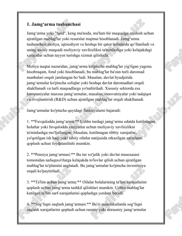 oʻlib, ular quyidagicha boʻlinishi mumkin: 1. **bank omonatlari**: bu eng oddiy va xavfsiz jamg'arma turi hisoblanadi. banklar turli muddatli omonatlar taklif qiladi, masalan, qisqa muddatli (3-6 oy), oʻrta muddatli (1-3 yil) va uzoq muddatli (5 yil va undan ortiq). omonatlar foiz stavkalari odatda banklar va milliy iqtisodiyotga bogʻliq holda oʻzgaradi. 2023-yilda ko'pgina banklar yillik 15-20% atrofida foiz taklif qilishi mumkin. 2. **investitsiya fondlari**: ushbu jamgʻarmalar investorlarning pul mablagʻlarini bir joyga toʻplab, turli aktivlarga, xususan, aksiyalarga, obligatsiyalarga, ko'chmas mulk yoki boshqa moliyaviy vositalarga investitsiya qiladi. investitsiya fondlari turli turlarga boʻlinadi: ochiq va yopiq fondlar, indeks fondlari, mutlaq daromad fondlari va boshqalar. yillik daromad koeffitsienti har xil bo'lishi mumkin va bu, odatda, fondning faoliyatidan va bozor shartlaridan kelib chiqadi. 3. **pensiya fondlari**: uzoq muddatli jamgʻarma turi boʻlib, insonlarning kelajakdagi pensiya ta'minoti uchun mo'ljallangan. qoidaga koʻra, pensiya fondlariga o'z hissasini jamiyatning har bir aʼzosi ish beruvchi va davlat ma'lum foizda kiritadi. bu jamg'armalar …