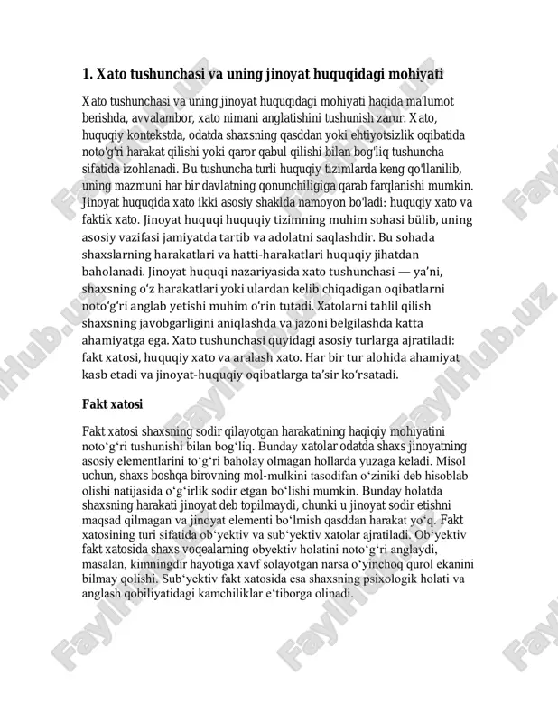 pert xulosalari asosida qaror qabul qilinadi. xatolarni tahlil qilishda ularning oqibatlari ham muhimdir. agar xato shaxsning qasddan harakat qilishiga to‘sqinlik qilgan bo‘lsa, bu holatda jinoyat elementlari to‘liq emas deb topiladi. bu esa shaxsning javobgarlik darajasini kamaytirishi yoki umuman javobgarlikdan ozod etishi mumkin. xulosa qilib aytganda, jinoyat huquqida xato tushunchasi shaxsning harakatlarini baholashda asosiy ahamiyatga ega. xatolarni aniqlash va ularni to‘g‘ri baholash jamiyatda adolatni ta‘minlash uchun muhimdir. fakt xatosi, huquqiy xato va aralash xatolarning har biri jinoyat-huquqiy munosabatlarni tahlil qilishda alohida yondashuvni talab qiladi. shu sababli jinoyat huquqini amaliyotda qo‘llashda ushbu tushunchalarni chuqur bilish va ulardan to‘g‘ri foydalanish zarur. huquqiy xato (error in law) shaxsning amaldagi qonunlarni noto'g'ri tushunishi yoki bilmasligi natijasida sodir etiladi. odatda, "qonunni bilmaslik jazodan ozod qilmaydi" degan qoida amal qiladi, bu esa shuni anglatadiki, shaxsning huquqiy xabarsizligi qoida tariqasida uning javobgarligini cheklamaydi. biroq, ba'zi hollarda, agar xato oqilona asoslangan bo'lsa va shaxs to'g'ri xulq-atvorni qo'llash uchun zarur …