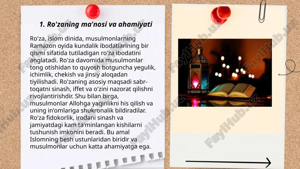 hubha qilib ovqat yesa, yoki mag'rib vaqti kirmasdan avval og'iz ochsa, ro'zasi buziladi. ro'zani bilib turib buzuvchi kishi kafforat amalini bajarishi lozim. ... t.me/slaydai_bot iftorlik, ramazon oyi davomida musulmonlar uchun muhim ibodatlardan biridir. u kun bo'yi ro'za tutishdan so'ng, quyosh botgandan keyin o'z iftorlik oziqlanishini amalga oshirishni anglatadi. bu ibodat musulmonlar orasida birlik va saxovatni kuchaytiradi. odatda, kun davomida saqlangan ochlik va chanqoq iftor bilan bartaraf etiladi. iftorlikda duolar o'qilib, dastlab xurmo yoki suv bilan ro'za ochiladi. sahih hadislar iftorning erta va kechikmasdan amalga oshirilishi zaruriyatini ta'kidlaydi. iftorlik vaqti islomiy takvim bo'yicha aniqlanib, barchaga hayrli taomlar bahramand qiluvchi bir hikmatni o'zida mujassam etadi. ... t.me/slaydai_bot saharlik yoki suhur musulmonlar uchun ramazon oyida ro‘za tutishdan oldin iste'mol qilinadigan taomdir. ushbu ovqatlanish jismoniy quvvatni saqlashga yordam beradi va ro‘za davomida suvsizlanishni kamaytiradi. tadqiqotlar ko‘rsatadiki, saharlik qabul qilish metabolizmni barqarorlashtiradi va kun davomida energiyani oshiradi. saharlik faqat diniy emas, balki sog‘lom turmush tarzining …