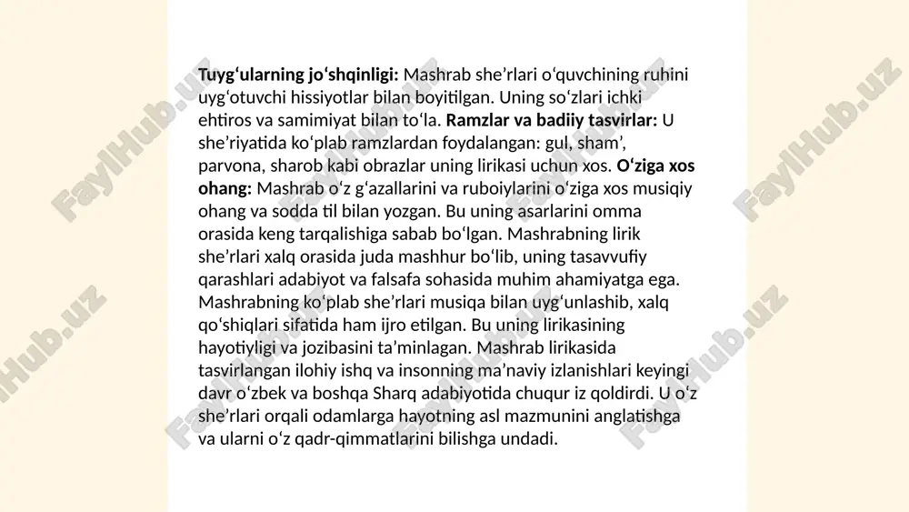 vur qilish usuli, unutilmas va buyuk bir quvonchni, baxtni ifodalashga qaratilgan. ... t.me/slaydai_bot mashrabning lirikasi nafaqat tasavvufiy masalalarni, balki falsafiy qarashlarni ham o‘z ichiga oladi. uning she’rlari davomida insonning ichki olamiga chuqur nazar tashlanadi. mashrabning fikricha, inson faqatgina o‘zligini anglash, ya’ni tavhid (ollohning yagona ekanligini anglash) orqali haqiqiy baxtga erishishi mumkin. u jamiyatning adolatsizligiga qarshi chiqib, odamlarni yaxshilikka, ijtimoiy adolatga chaqiradi. mashrabning eng o‘ziga xos jihatlaridan biri — bu ichki izlanishlarga bo‘lgan urg‘u. mashrab, bir tomondan, tasavvuf falsafasining asosiy g‘oyalarini targ‘ib qilgan bo‘lsa, boshqa tomondan, ijtimoiy hayotdagi noxushliklarni tanqid qiladi. uning she’rlari faqat ilmiy va diniy ma’lumotlar bilan bog‘liq bo‘lib qolmay, balki odamlarni ma’naviy o‘sishga undaydi. ... t.me/slaydai_bot mashrabning lirikasi o‘ziga xos badiiy tasvirlar va obrazlar bilan boyitilgan. u ramzlarni, tasvirlarni va simvolik tilda ishlatilgan so‘zlarni ustalik bilan qo‘llagan. uning she’rlari asosan g‘azal va ruboi janrlarida yozilgan. g‘azal — o‘zining qisqa va mazmunli misralari bilan mashrab lirikasi uchun ideal shakl …