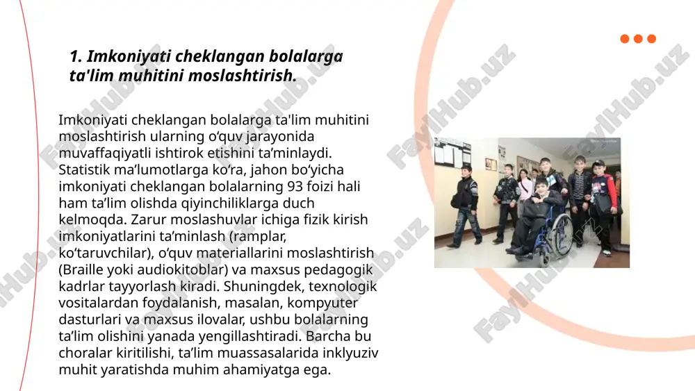 vjud bo'lib, u yerda 2000 dan ortiq malakali pedagog kadrlar faoliyat yuritadi. moslashtirilgan dasturlar 70% amaliy mashg'ulotlar va 30% nazariy bilimlarni o'z ichiga oladi. har bir guruhda 5-8 nafar bola bo'lishi tavsiya etiladi, bu esa individual yondashuvni ta'minlashga yordam beradi. 2023-yilda rejalashtirilgan yangi dasturlarda texnologiyalardan kengroq foydalanish maqsad qilinmoqda. ... t.me/slaydai_bot maxsus ta'lim muassasalarining ijtimoiy vazifasi turli xil ehtiyojlarga ega bo'lgan shaxslar uchun ta'lim, tarbiya va reabilitatsiya xizmatlarini taqdim etishga qaratilgan. bu muassasalar nogironligi bo'lgan bolalar va o'smirlar hamda qiyin hayotiy vaziyatlarga tushganlar uchun moslashgan pedagogik yondashuvlarni joriy qiladi. o'zbekistonda bunday muassasalar soni 2021 yilda 86 tasini tashkil etgan. bundan tashqari, maxsus ta'lim muassasalari 4 mingdan ziyod pedagog va mutaxassislarni ish bilan ta’minlaydi. ular inklyuziv jamiyat qurilishida muhim rol o'ynaydi, barqaror ta'lim tizimini qo'llab-quvvatlab, talabalarning imkoniyatlarini kengaytirishga xizmat qiladi. ... t.me/slaydai_bot 7. maxsus yordam xizmatlarining huquqiy asoslari. 7. maxsus yordam xizmatlarining huquqiy asoslari o'zbekiston respublikasida bir qancha qonunlar va normativ …