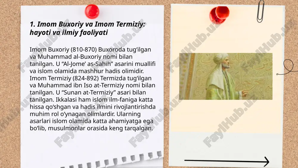 plamni yaratgan. uning asarlarida jami 4,000 dan ortiq hadis mavjud. ikkala olim ham hadislarning ishonchliligini tekshirishda isnod zanjirining e’tiborli bo‘lishiga katta ahamiyat berganlar. ularning asarlari ishonchlilik standartlariga rioya qilishi sababli islom olamida yuqori qadrlanadi. ... t.me/slaydai_bot 7. hadis ilmida isnod va matn tahlili 7. hadis ilmi bo'yicha isnod va matn tahlili mavzusida, isnod hadislarda rivoyatlar zanjiri bo'lib, rivoyatlarni qaysi ishonchli shaxslar orqali yetib kelganini ko'rsatadi. bu jarayon isnod tahlili deb ataladi va u, asosan, rivoyatlar naqldagi shaxslarning hayotini va sifatini o'rganishga asoslanadi. matn tahlili esa hadisning mohiyatini yoki matn mazmunini tekshiradi. bu ikki usul, hadislarning haqiqiyligini tasdiqlash uchun muhim mezon sifatida qo'llaniladi. ulamolar har ikki tahlil usulidan foydalanib, sahih, zaif va mavzu hadislarga ajratadi. ... t.me/slaydai_bot imom al-buxoriy va imom at-termiziy islom tarixidagi eng mashhur hadis ilmi olimlari hisoblanadi. buxoriy "al-jome' as-sahih" kitobini tuzib, 7275 hadis to‘plagan, ulardan 2602 tasi takrorlanmagan. at-termiziy esa "al-jome' as-sahih" asarida taxminan 3956 hadisni jamlagan. …