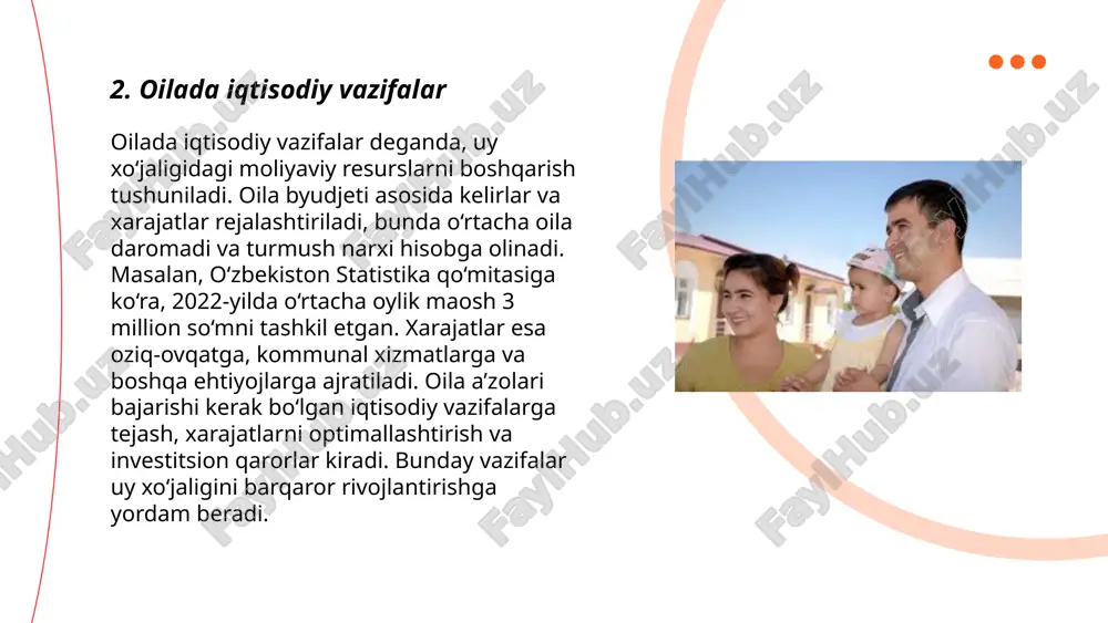 atlariga ega bo‘lib, bu ko‘pincha milliy urf-odatlar va diniy e’tiqodlar bilan chambarchas bog‘langan. yoshlar orasida, 80% dan ortig‘i oilaviy an’analarga rioya qilishni va ularni keyingi avlodlarga yetkazishni o’zining burchi deb biladi. shu bilan birga, zamonaviy turmush tarzi bilan ham uyg‘unlashgan. iqtisodiy tarbiya, ekologik tarbiya, saydaxmedova gavharoy e'tiboringiz uchun raxmat! image1.png image2.png image3.png image4.jfif image5.png image6.jfif