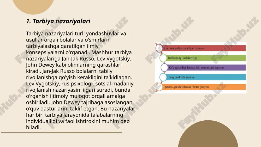 di. ... t.me/slaydai_bot tarbiya jarayoni tashkil etish - bu ta'lim va tarbiyani rejalashtirish va amalga oshirish jarayonidir. o'zbekistonda ta'lim strategiyasi tarbiya jarayoniga katta e'tibor qaratadi, bunda maktab, oila va jamiyat hamkorligi muhim rol o'ynaydi. har yili o'zbekiston bo'ylab minglab ta'lim maskanlarida tarbiya dasturlari amalga oshiriladi. 2021 yilda 11 yillik majburiy ta'lim tizimi joriy etilib, undan 7,1 milliondan ortiq o'quvchi foydalandi. shu bilan birga, maktabgacha ta'lim muassasalarini qamrab olish darajasi 62% ga etgani e'lon qilingan. tarbiya jarayoni fuqarolik, iqtidormandlik, vatanparvarlik va ijtimoiy mas'uliyat kabi qadriyatlarni shakllantirishga qaratilgan. jaxon tarniyaviy konsepsiyalari namunalarining qiyosiy pedagogik taxlili abrorova muxlisa 22-1gurh e'tiboringiz uchun raxmat! image1.png image2.png image3.png image4.jfif image5.png image6.jpg