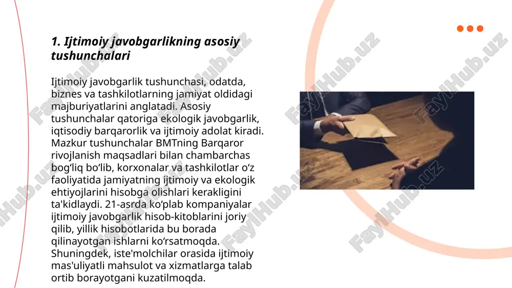 arga yo'naltirilgan strategiyalarni joriy etishda ijtimoiy jasorat amaliyotlari raqobatbardoshlikni 30% orttiradi. korporativ ijtimoiy mas'uliyat dasturiga ega bo'lgan tashkilotlar 77% barqarorlikka erishadi, raqobatchilarga nisbatan. ... t.me/slaydai_bot foydalanuvchilar bilan ijtimoiy hamkorlikning ahamiyati bugungi kunda muhimdir, chunki internet foydalanuvchilari soni 2023-yilda butun dunyo bo'ylab taxminan 5 milliarddan oshdi. o'zbekistonda esa, 2023 yil ma'lumotlariga ko'ra, internet foydalanuvchilari soni 20 millionga yaqinladi. ijtimoiy tarmoqlar orqali foydalanuvchilar bir-birlari bilan muloqot qilib, turli ma’lumot va tajribalarni baham ko'rishmoqda. 2022 yilda facebook foydalanuvchilarining soni 2,9 milliardga yetdi va instagram foydalanuvchilari 1,4 milliardni tashkil etdi. ushbu platformalar, foydalanuvchilarni turli mavzular atrofida birlashtiruvchi va tarmoqdan tashqarida ham hamkorlikni rivojlantiruvchi vositalar sifatida ishlatilar. ... t.me/slaydai_bot 7. ijtimoiy javobgarlik va innovatsion g'oyalar ijtimoiy javobgarlik va innovatsion g'oyalar mavzusida zamonaviy dunyoda 80% dan ortiq kompaniyalar ijtimoiy javobgarlik strategiyalarini qo‘llab-quvvatlaydi. korporativ ijtimoiy javobgarlik doirasida investitsiyalar yiliga o‘rtacha 15% o‘smoqda. innovatsion g‘oyalar esa iqtisodiy samaradorlikni 30% ga oshirishi mumkin. harvard business review ma'lumotlariga ko‘ra, yangi …