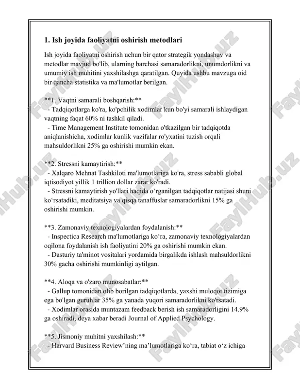 iy fiziologik ehtiyojlar (ovqat, suv, boshpana) qondirilganidan keyin xavfsizlik ehtiyojlari keladi. shundan so'ng, ijtimoiy ehtiyojlar (do'stlik, oilaviy munosabatlar), keyin esa hurmat ehtiyojlari (o'zligini tasdiqlash, hurmat qozonish) mavjud. eng yuqori darajada esa o'z-o'zini aktualizatsiya qilish ehtiyoji turadi. 1970-yillarga kelib, maslov o'z nazariyasini o'zgartirib, yuqoriga yana bir daraja qo'shgan: transsendentlik ehtiyoji. 2. gertsbergning ikki faktorli nazariyasi: frederik gertsberg motivatsiyani ikki asosiy faktor orqali tushuntiradi: motivatsion faktorlar va gigienik faktorlar. motivatsion faktorlar shaxsiy qoniqishni oshiradigan omillar bo'lsa, gigienik faktorlar ish joyidan norozi bo'lishni kamaytiradigan omillardir. masalan, ijodiy vazifalar motivatsion faktor bo'lishi mumkin, lekin maosh to'g'ri bo'lishi kerak, bu gigienik faktor. 3. vrumning umid nazariyasi: viktor vroom umid nazariyasida odamlar turli harakatlar va natijalar o'rtasidagi kutilgan bog'liqlikka qarab harakat qilishini aytadi. unga ko'ra, odamlar harakat qilsalar, ma'lum natijaga erishishlari mumkin bo'lganiga ishonch bildiradilar. uch asosiy komponent mavjud: 1) valensiya - natijaning qiymati; 2) instrumentallik - harakat natijaga olib kelishi mumkin degan ishonch; 3) umid …