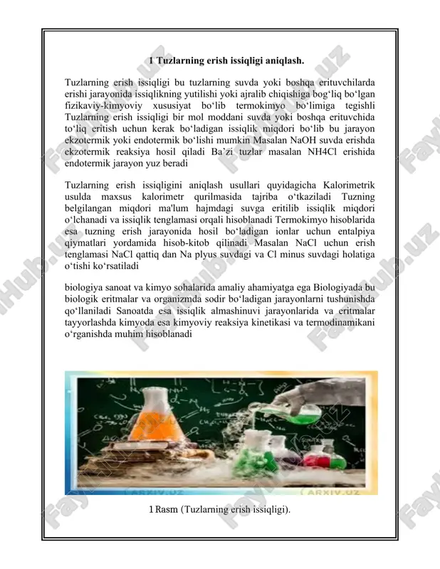 arning xususiyatlari. bufer eritma – bu kuchsiz kislota va uning tuzi yoki kuchsiz asos va uning tuzidan tashkil topgan eritma bo‘lib, tashqi ta'sirga qaramasdan o‘z ph qiymatini bir xil darajada saqlash xususiyatiga ega. bufer eritmalar muvozanatni saqlashda muhim ahamiyatga ega va kislotaning yoki asosning qo‘shilishiga qarshilik ko‘rsatadi. bufer eritmalar tarkibiga kuchsiz kislota va uning kuchli asosli tuzi yoki kuchsiz asos va uning kuchli kislotali tuzi kiradi. masalan, sirka kislotasi va natriy asetatdan iborat eritma yoki ammoniy gidroksid va ammoniy xlorid aralashmasi bufer eritma hosil qiladi. bufer eritmalarni hosil qilish uchun kuchsiz kislota bilan kuchli asos yoki kuchsiz asos bilan kuchli kislota aralashtiriladi. bu jarayonda hosil bo‘lgan aralash ph qiymatini bir xil saqlash imkonini beradi. bufer eritmalar o‘z xususiyatlarini le shatelye printsipiga asoslangan holda namoyon qiladi. agar eritmaga kislota qo‘shilsa, undagi asos ionlari qo‘shilgan vodorod ionlarini neytrallashtiradi. agar asos qo‘shilsa, undagi kislota ionlari qo‘shilgan gidroksid ionlarini neytrallashtiradi. shu sababli, bufer eritma …