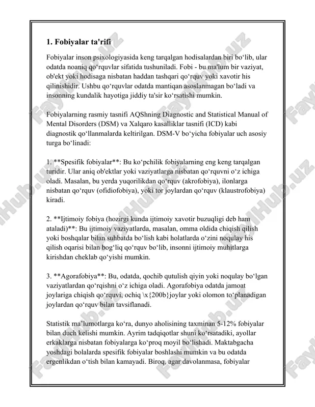 salbiy ta'sir qiladi. fobiyalarning paydo bo'lish sabablari murakkab jarayon bo'lib, biologik, psixologik va ijtimoiy omillarni o'z ichiga olishi mumkin. quyida fobiyalarning paydo bo'lish sabablariga oid ma'lumotlar keltiriladi: 1. **genetik omillar**: tadqiqotlar genetik o‘rinli bo‘lib, ma'lum fobiyalar oilalarda nasldan-naslga o‘tishi mumkinligini ko'rsatadi. masalan, agar ota-ona yoki farzandlar oilada fobiya bilan yuzma-yuz kelgan bo'lsa, uning bolalarida ham ushbu turdagi qo'rquv paydo bo'lish ehtimoli oshishi mumkin. 2. **nevrobiologik omillar**: beyindagi kimyoviy moddalar va miya tuzilmalarining o'ziga xosligi fobiyalarning rivojlanishiga ta'sir qilishi mumkin. masalan, amigdala, miyaning qo'rquv va emotsional reaktsiyalarni boshqaradigan qismi, fobik reaktsiyalarda faol ishtirok etadi. dopamin va serotonin kabi neyrotransmitterlarning disbalansi ham fobiya bilan bog‘liq bo‘lishi mumkin. 3. **holatga bog‘liq o‘rganish (pavlov refleksi)**: fobiyalar, ayniqsa, qo'rquv hosil qiluvchi hodisalardan yoki travmatik tajribalardan keyin rivojlanishi mumkin. masalan, kimdir it tomonidan tishlangan bo'lsa, u keyinchalik barcha itlardan qo'rqishi mumkin. bu mexanizm takroriy tajribalar orqali hosil bo‘lgan shartli refleksiyaga o‘xshaydi. 4. **ijtimoiy va madaniy omillar**: …