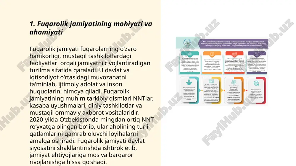 , 500 dan ziyod ommaviy tinglovlar tashkil etilib, ularda 50 mingdan ortiq fuqarolar ishtirok etdi. ushbu jarayonlarda 12 mingdan ortiq loyiha va tashabbuslar ilgari surildi. buning natijasida jamoatchilik ishtiroki 30% ga oshdi va jamoatchilik ishonchi sezilarli darajada ko'tarildi. ... t.me/slaydai_bot fuqarolik jamiyatida huquqiy ong va huquqiy madaniyatni oshirish jarayoni o'zbekiston respublikasida dolzarb masalalardan biridir. 2022-yilda o'tkazilgan tadqiqotlarga ko'ra, fuqarolarning huquqiy madaniyati darajasini oshirish uchun tashkil etilgan seminar va treninglarda ishtirok etganlar soni 15% ga oshdi. shuningdek, 2023-yilda davlat tomonidan 500 mingdan ziyod huquqiy axborot materiallari tarqatildi. «adolat» kecha vaqti mentorlari loyihasi orqali yoshlar orasida huquqiy bilimlarni oshirish maqsadida 1200 ga yaqin maqsadli uchrashuvlar tashkil etildi. bu sa'y-harakatlar fuqarolarni huquqiy jihatdan savodxon qilishda muhim rol o'ynaydi. ... t.me/slaydai_bot 7. ijtimoiy sheriklikning yangi shakllari ijtimoiy sheriklikning yangi shakllari doirasida davlat va nodavlat tashkilotlari o‘rtasida innovatsion hamkorliklar rivojlanmoqda. shu jumladan, 2023 yilda o‘zbekistonda 150 dan ortiq davlat-xususiy sheriklik loyihalari amalga oshirilmoqda. ushbu loyihalar …