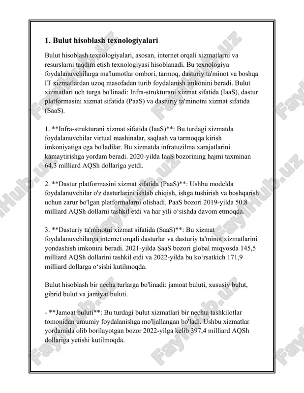 odatdagi jismoniy saqlash vositalariga qaraganda juda moslashuvchan. foydalanuvchilar istalgan vaqtda qo'shimcha joy olishlari yoki mavjud saqlash hajmini kamaytirishlari mumkin. bu masalan milesweb va hostgator kabi xizmatlar tomonidan ta'minlanadi. 2. **tejamkorlik**: bulutli ma'lumotlar saqlash odatda an'anaviy saqlash tizimlariga qaraganda arzonroq bo'ladi. foydalanuvchilar faqat foydalanilgan joy va funksiyalar uchun to'laydilar, bu esa ularni samaraliroq va tejamkor qilib qo'yadi. gartner kompaniyasining 2021 yildagi tadqiqotiga ko'ra, korxonalar bulutli texnologiyalarga o'tish orqali saqlash xarajatlarini 30% gacha kamaytirishi mumkin. 3. **ma'lumotlarga kirishning qulayligi**: bulutli ma'lumotlar saqlash imkonlari bilan foydalanuvchilar o'z ma'lumotlariga istalgan joydan va istalgan vaqtda kirishlari mumkin. buning uchun internetga ulanish kifoya. bu esa o'z navbatida ish jarayonlarini yanada samarali va tezroq qiladi. 4. **havfsizlik va yangilanishlar**: ko'pgina bulut xizmatlari kuchli xavfsizlik choralarini qo'llaydi, masalan, amazon web services (aws) va google cloud platform (gcp) kabi yirik kompaniyalar ma'lumotlarning shifrlanishi, kirish ruxsatlari va xavfsizlik protokollarini ta'minlaydi. bulut xizmatlari ma'lumotlarning avtomatik yangilanib turishini va zaxira nusxalarini yaratishni …